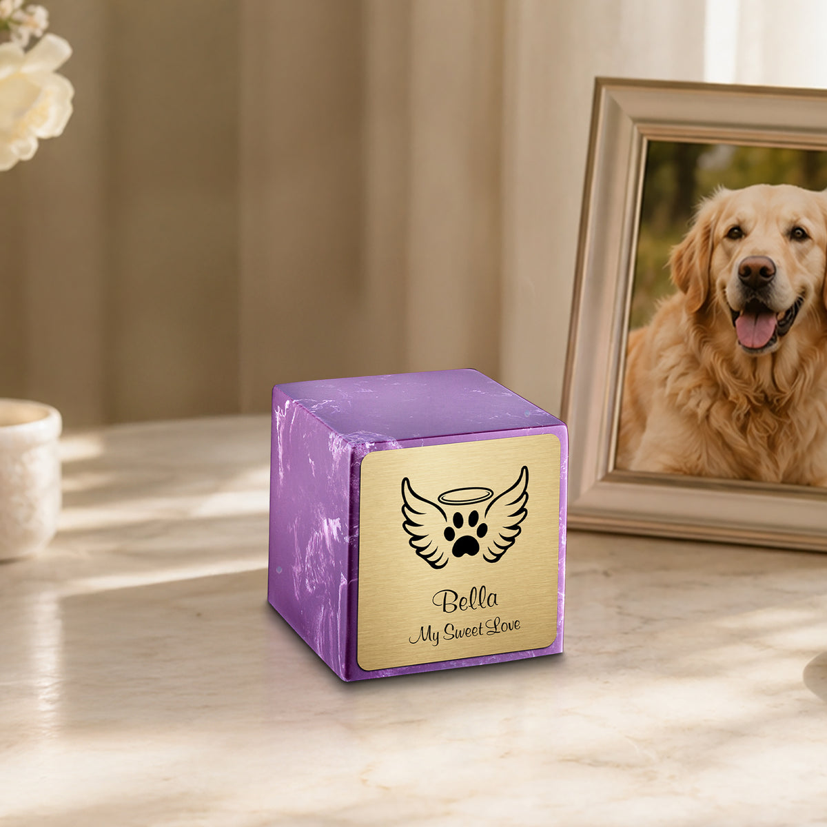 Small Cube Angel Wings Amethyst Cultured Marble Pet Cremation Urn by MacKenzie