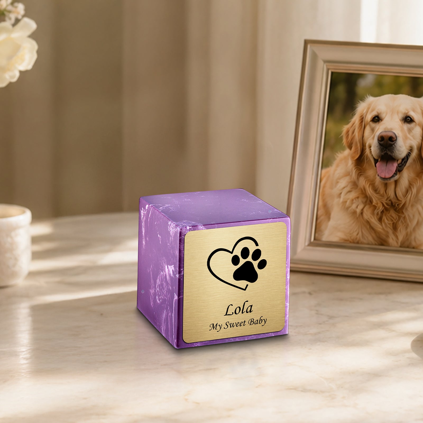 Small Cube Single Heart Paw Amethyst Cultured Marble Pet Cremation Urn by MacKenzie