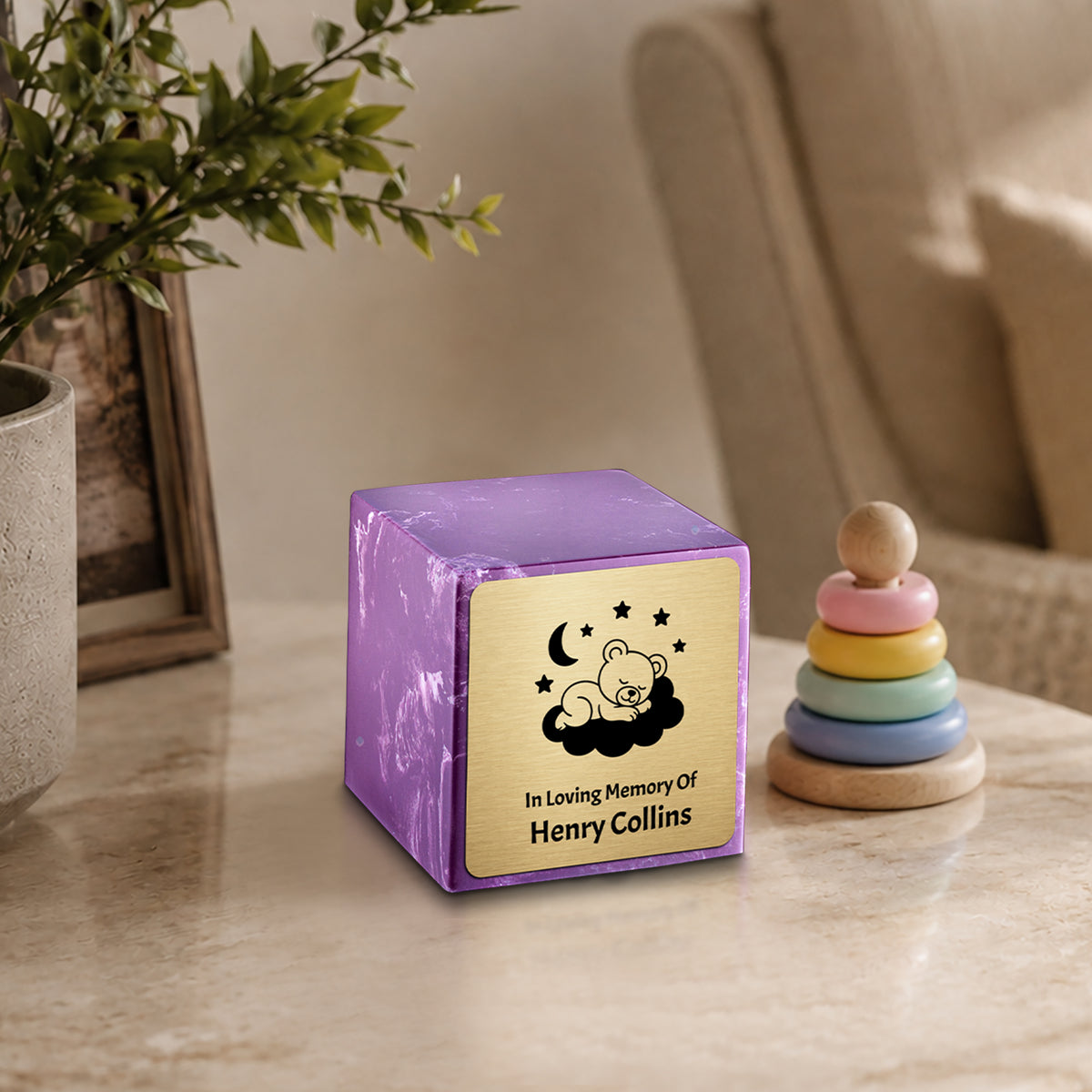 Small Cube Sleeping Teddy Amethyst Cultured Marble Child Cremation Urn by MacKenzie
