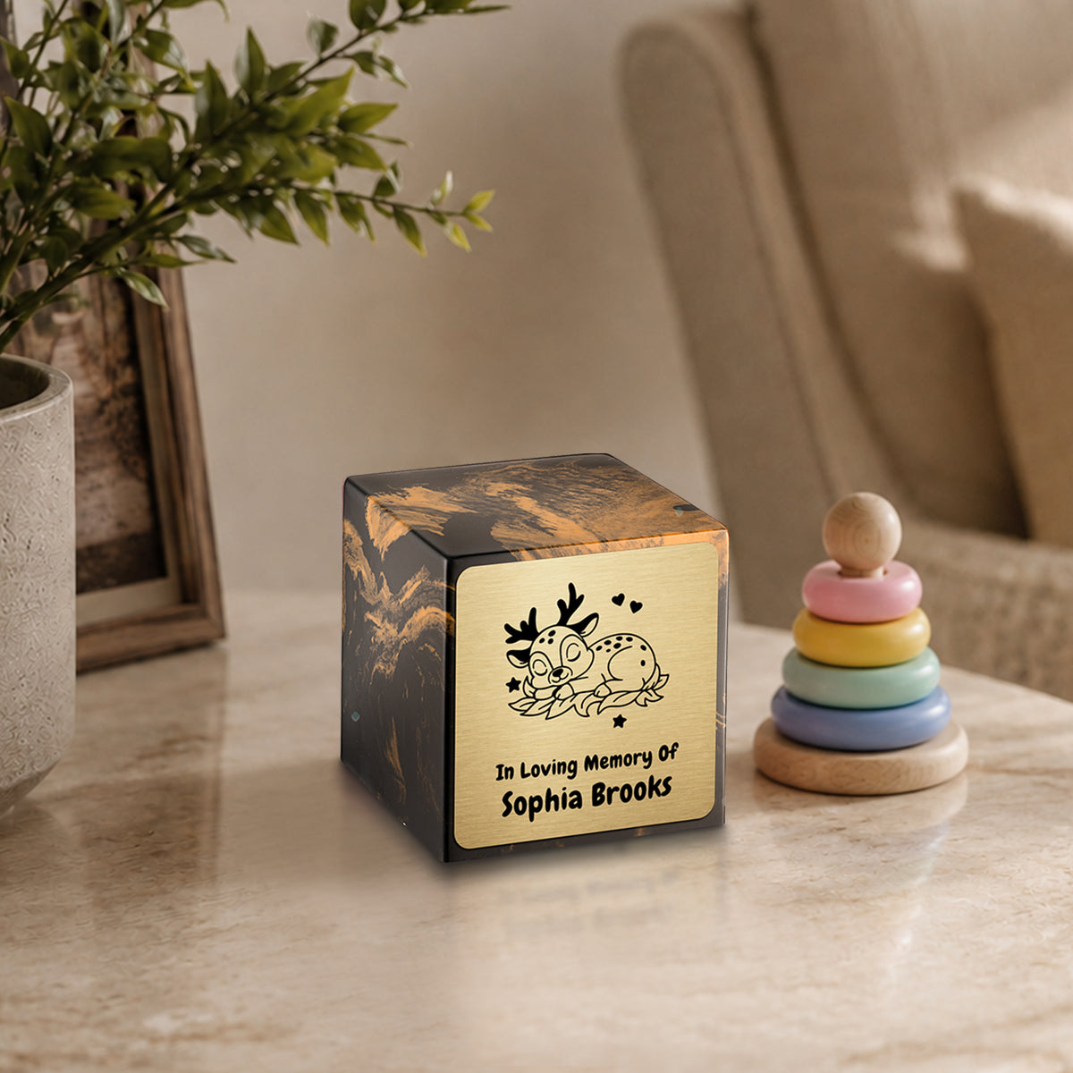 Small Cube Baby Deer Black and Gold Cultured Marble Child Cremation Urn by MacKenzie