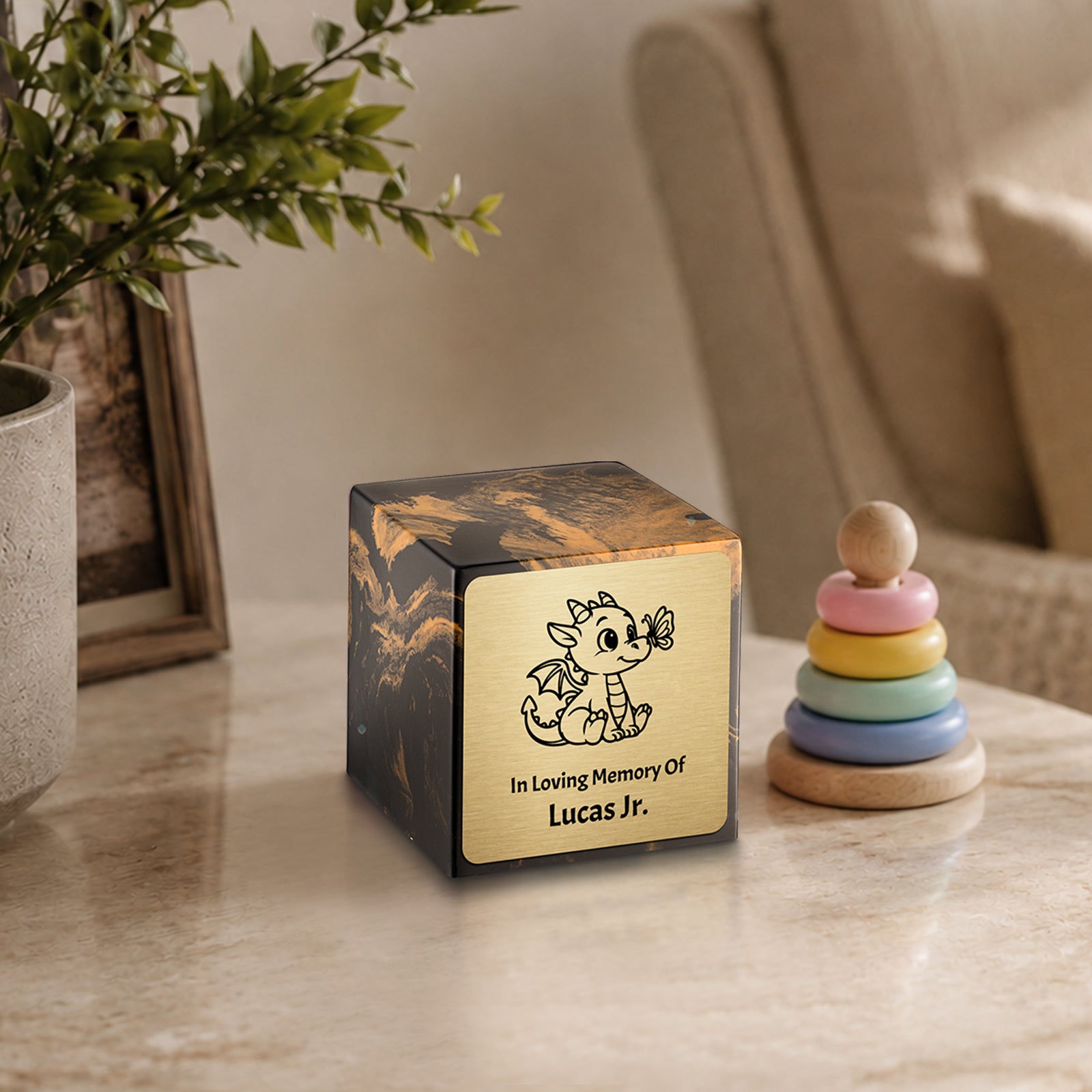Small Cube Baby Dragon Black and Gold Cultured Marble Child Cremation Urn by MacKenzie