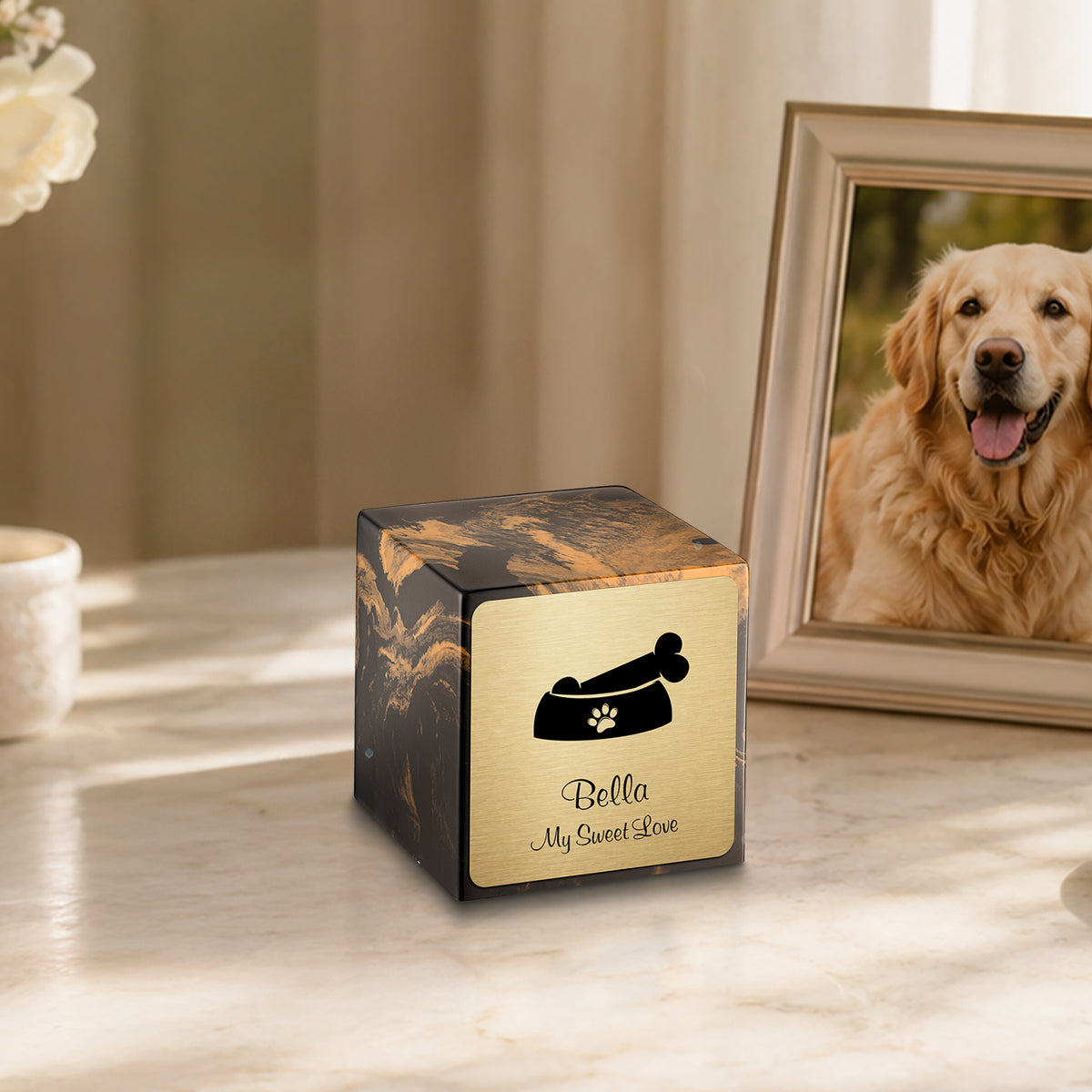 Small Cube Dog Bone Black and Gold Cultured Marble Pet Cremation Urn by MacKenzie