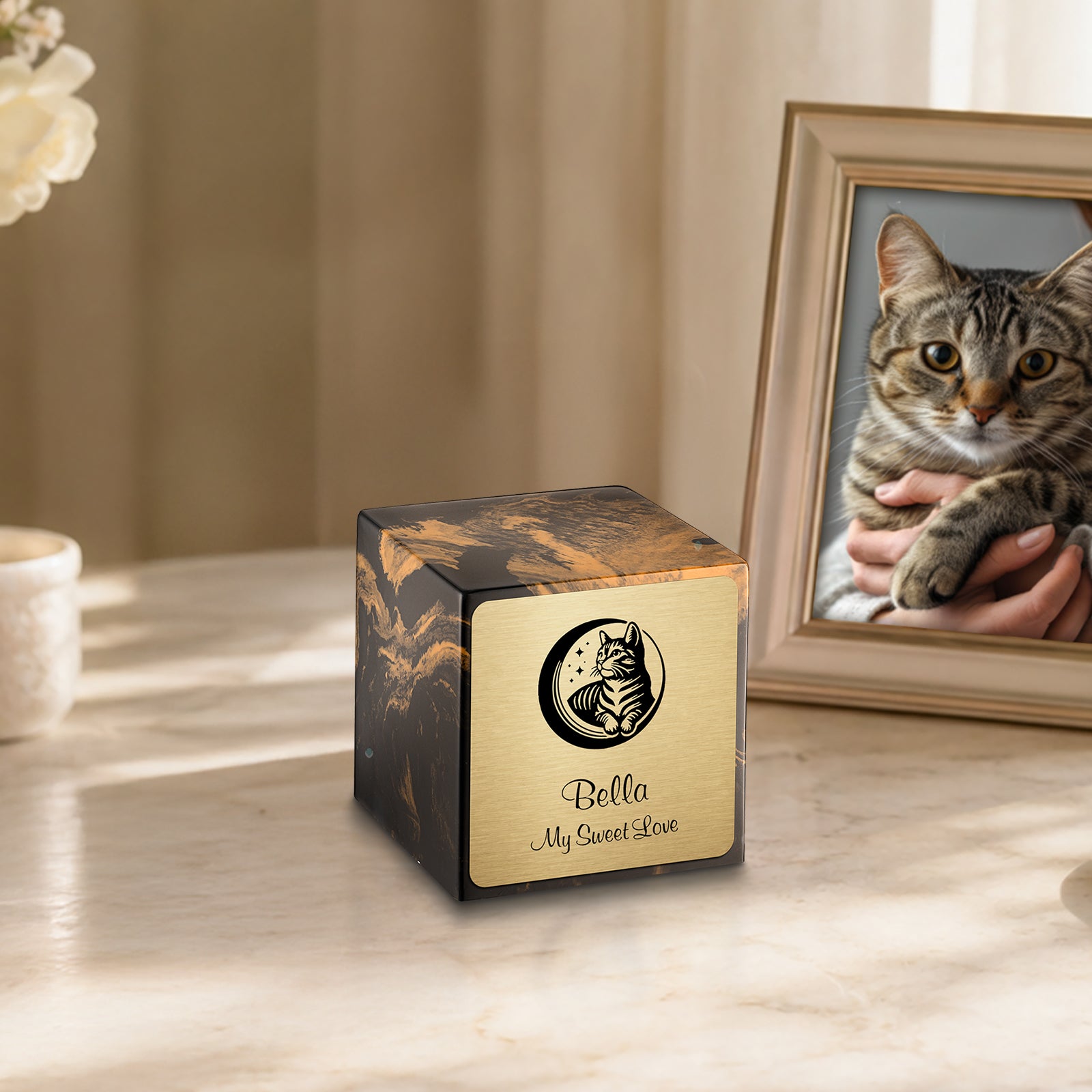 Small Cube Cat Black and Gold Cultured Marble Pet Cremation Urn by MacKenzie