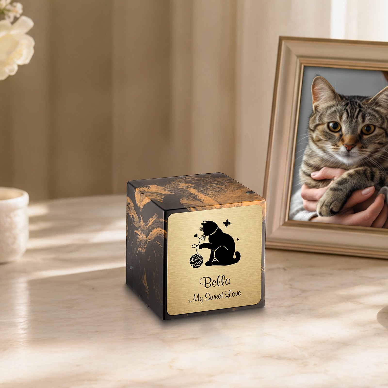 Small Cube Fun Cat Black and Gold Cultured Marble Pet Cremation Urn by MacKenzie
