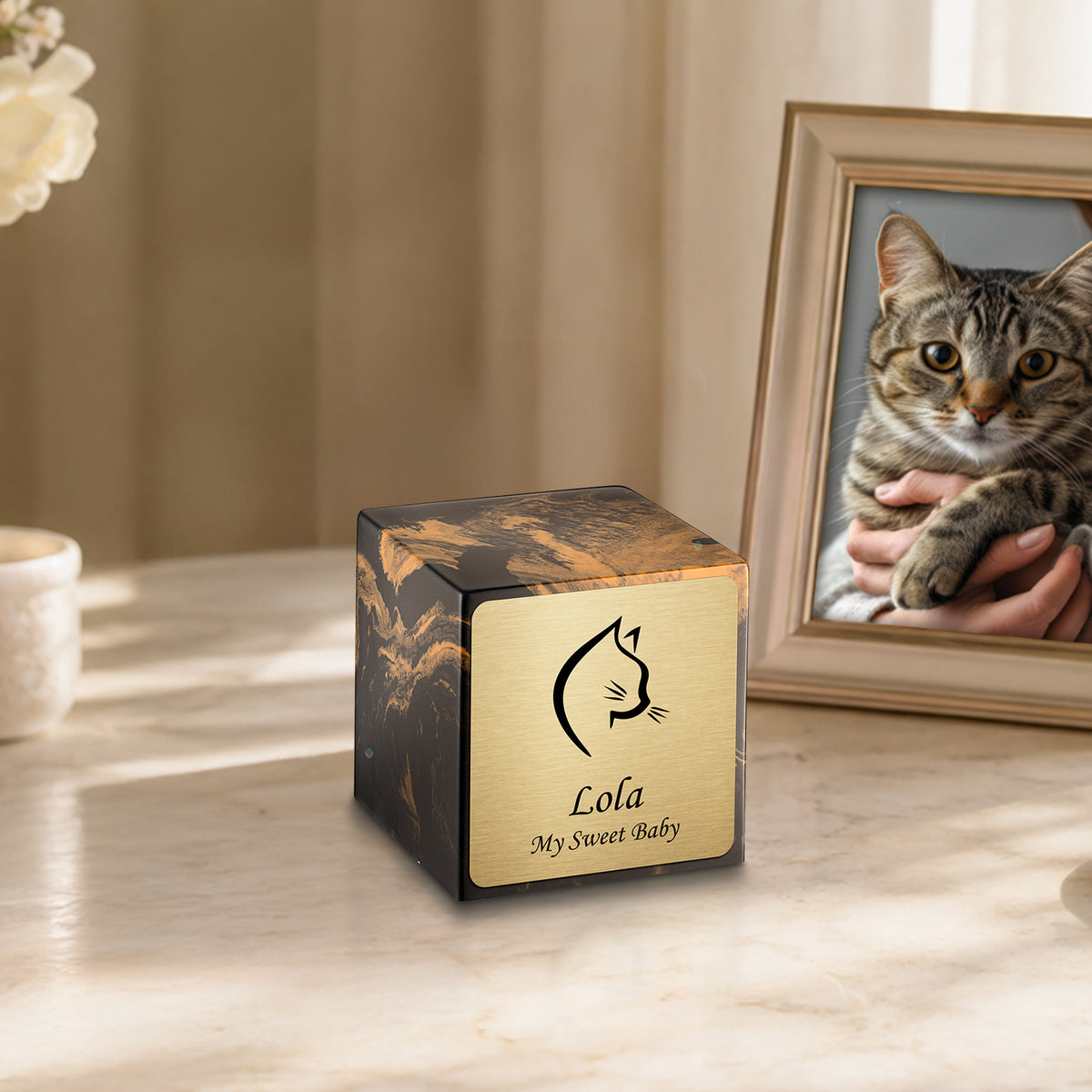 Small Cube Cat Head Black and Gold Cultured Marble Pet Cremation Urn by MacKenzie