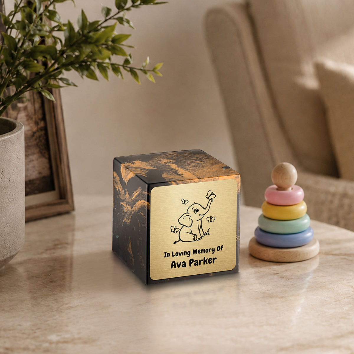 Small Cube Baby Elephant Black and Gold Cultured Marble Child Cremation Urn by MacKenzie