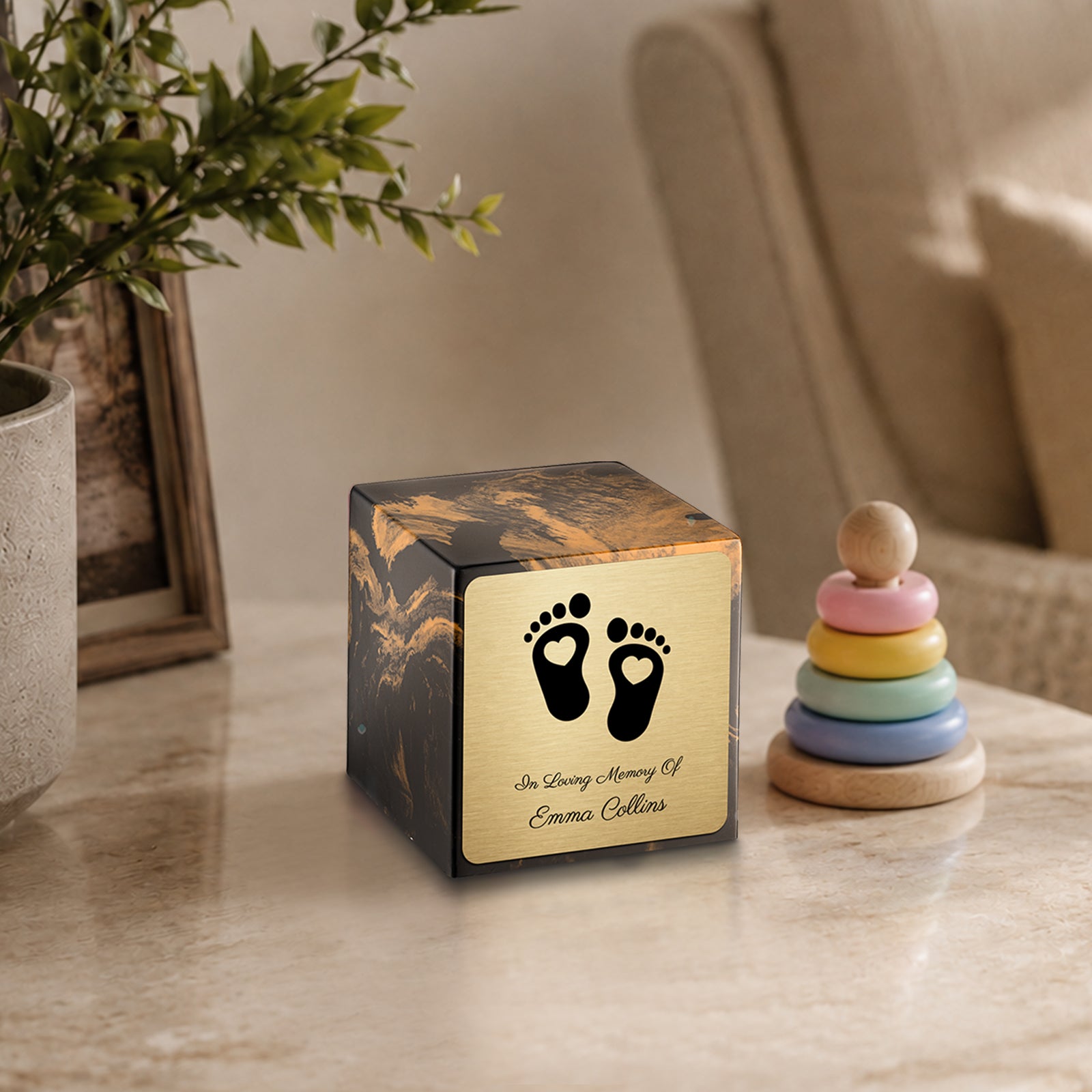 Small Cube Loving Heart Feet Black and Gold Cultured Marble Child Cremation Urn by MacKenzie
