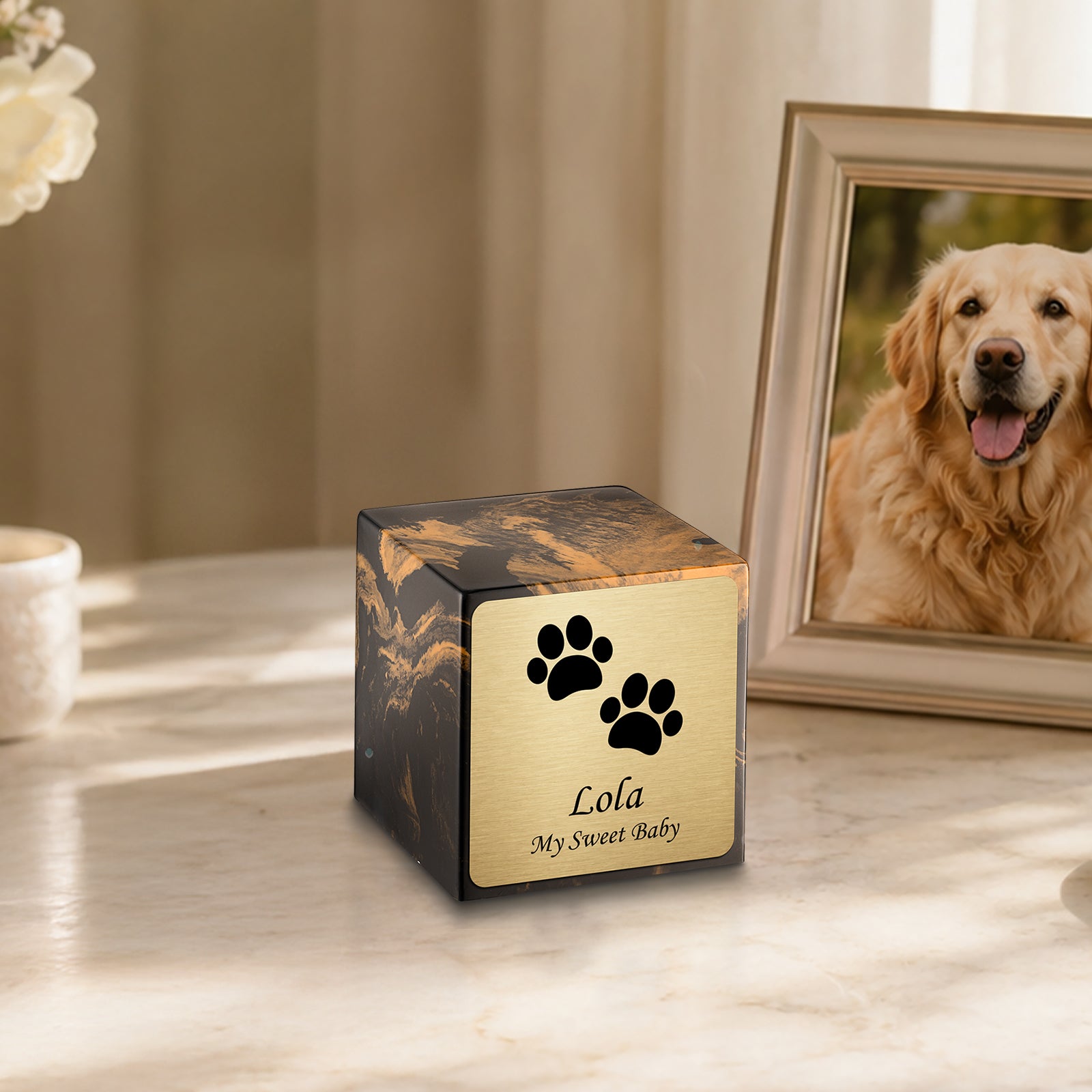 Small Cube Walking Paws Black and Gold Cultured Marble Pet Cremation Urn by MacKenzie