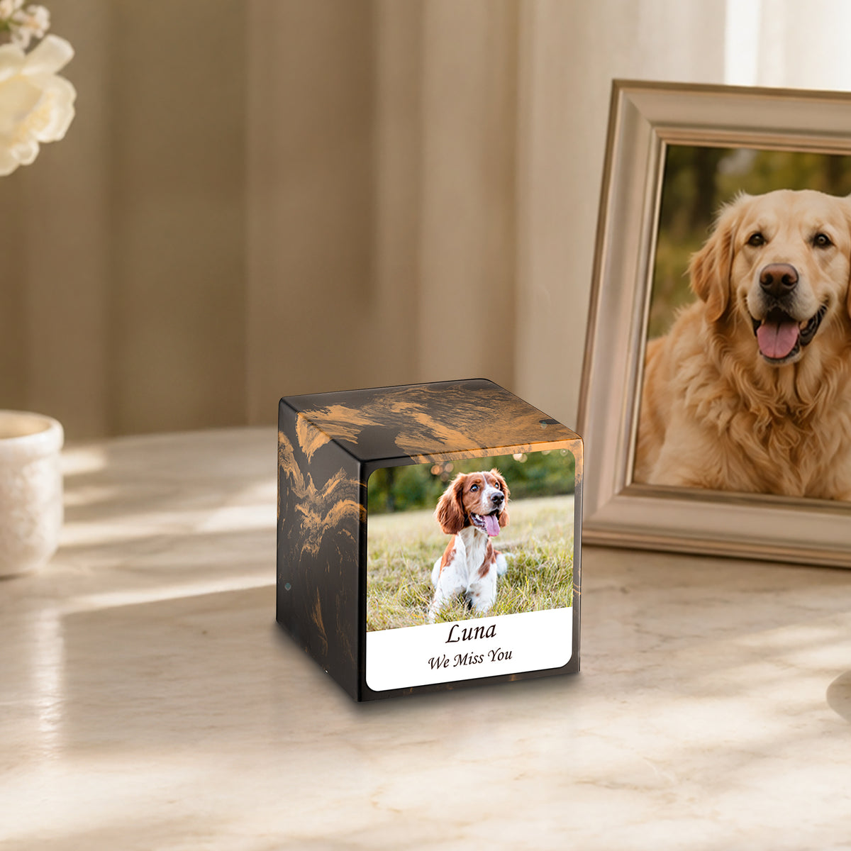 Small Cube Custom Pet Photo Black & Gold Cultured Marble Pet Cremation Urn by MacKenzie