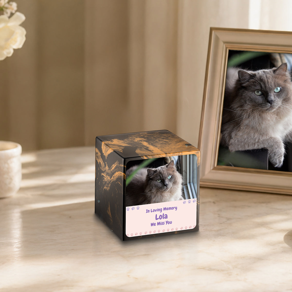 Small Cube Pet Photo Memorial Black & Gold Cultured Marble Pet Cremation Urn by MacKenzie