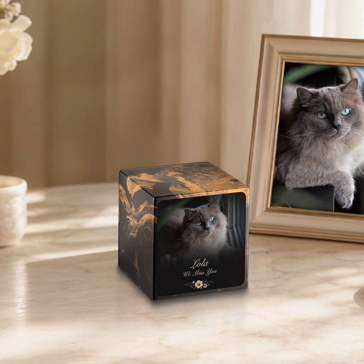 Small Cube Pet Portrait Photo Black & Gold Cultured Marble Pet Cremation Urn by MacKenzie