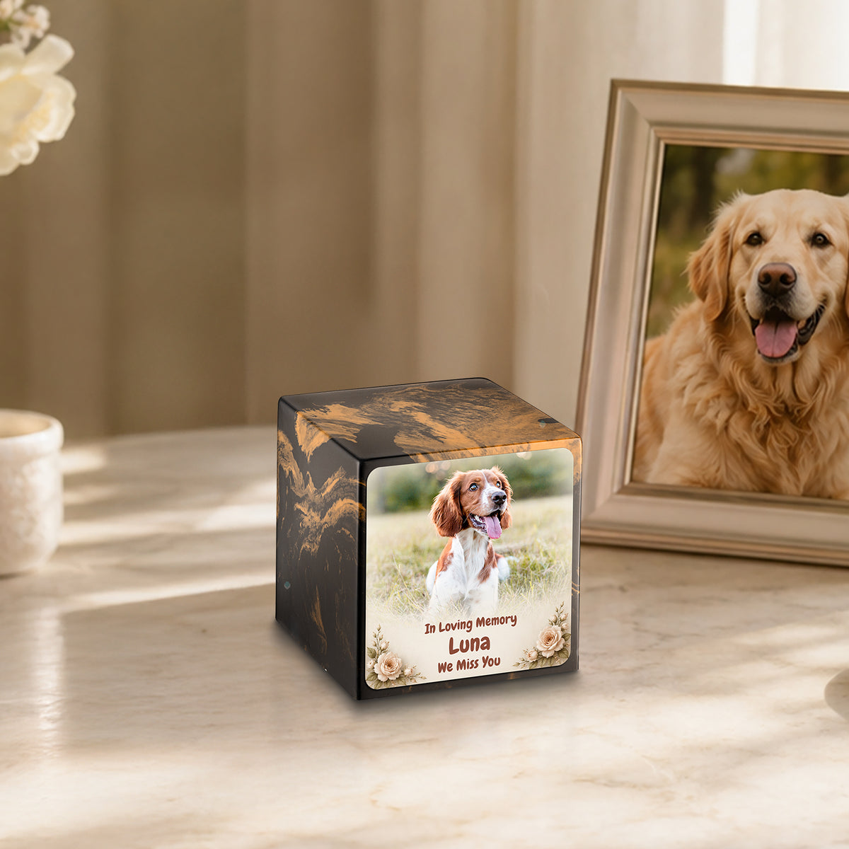 Small Cube Personalized Pet Photo Black & Gold Cultured Marble Pet Cremation Urn by MacKenzie