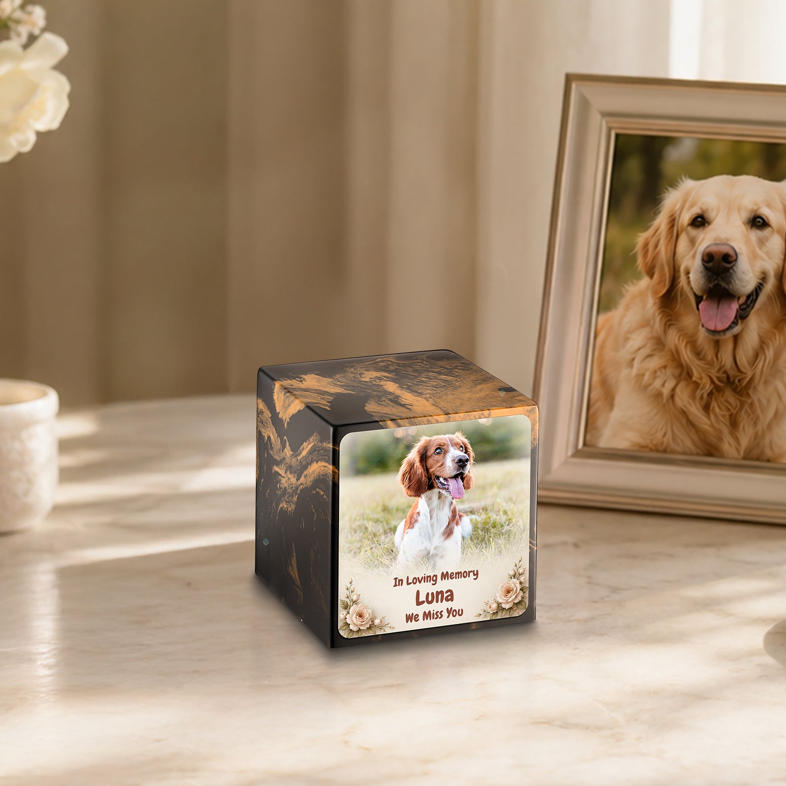 Small Cube Personalized Pet Photo Black & Gold Cultured Marble Pet Cremation Urn by MacKenzie