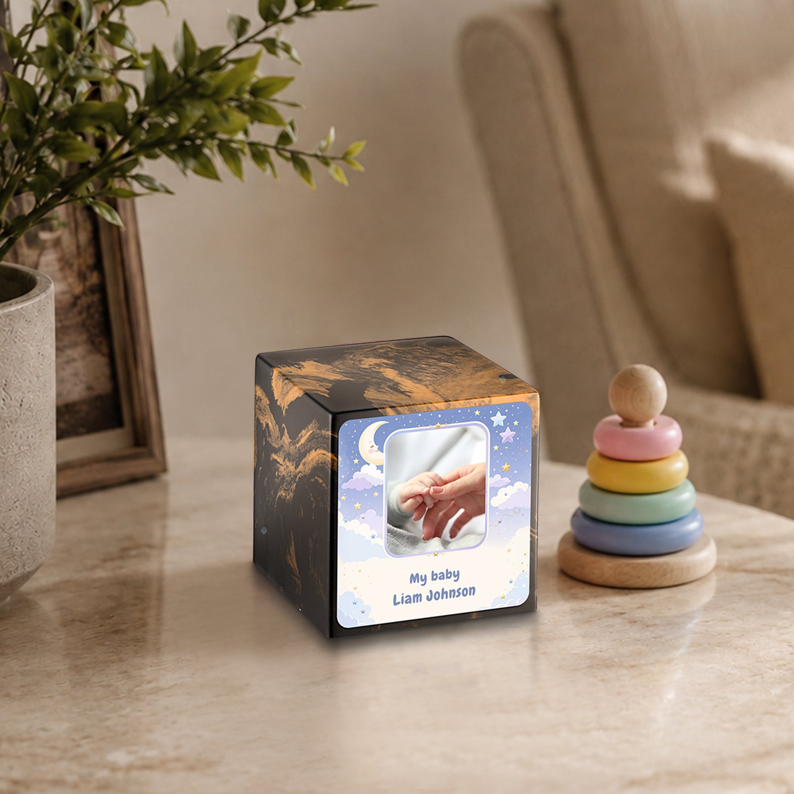 Small Cube Moon and Stars Black & Gold Cultured Marble Child Cremation Urn by MacKenzie
