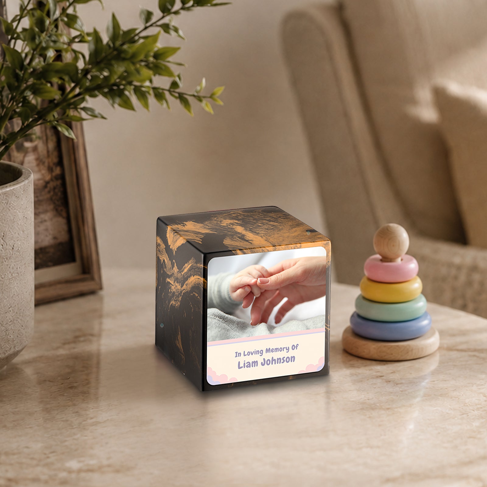 Small Cube Classic Photo Black & Gold Cultured Marble Child Cremation Urn by MacKenzie