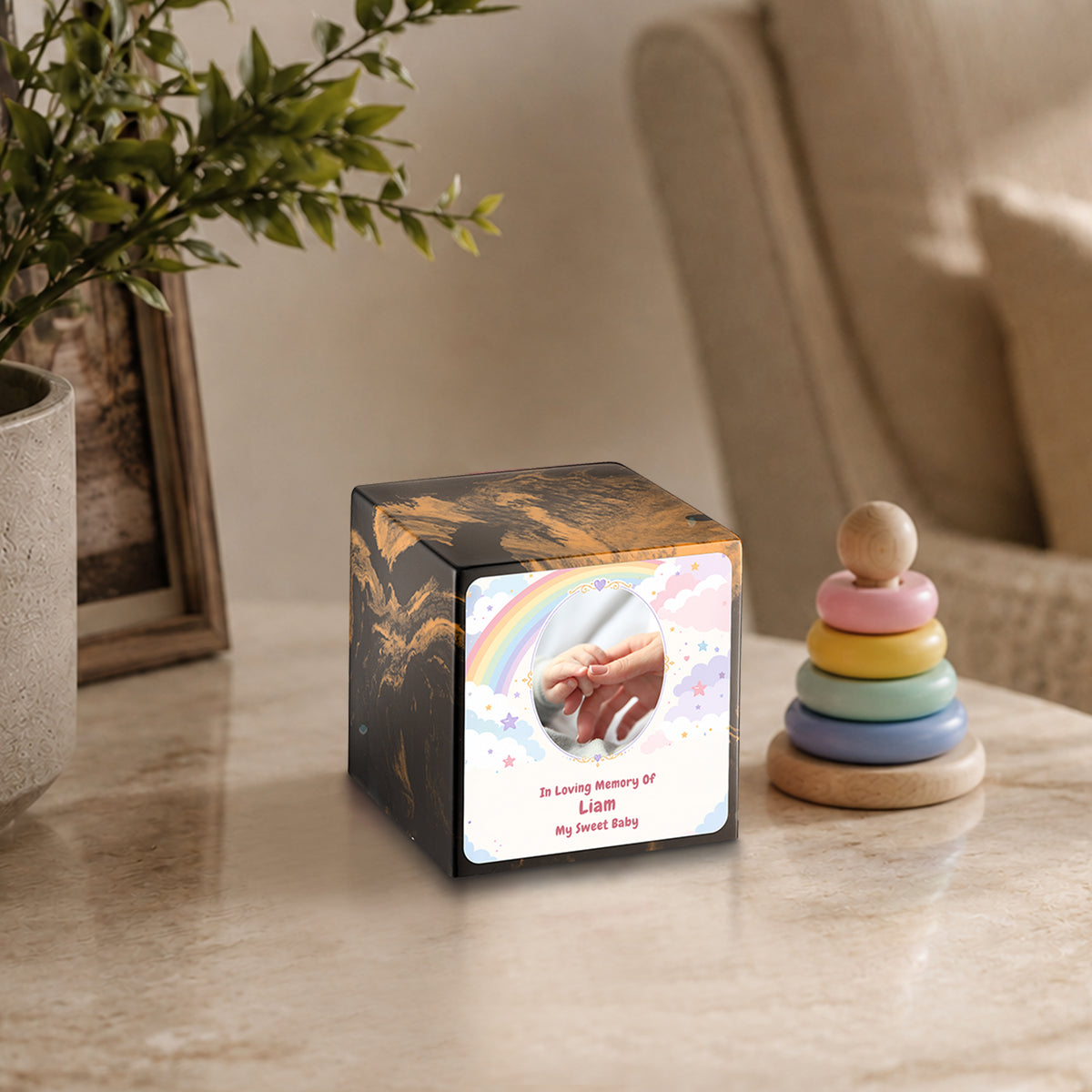 Small Cube Rainbow and Clouds Black & Gold Cultured Marble Child Cremation Urn by MacKenzie