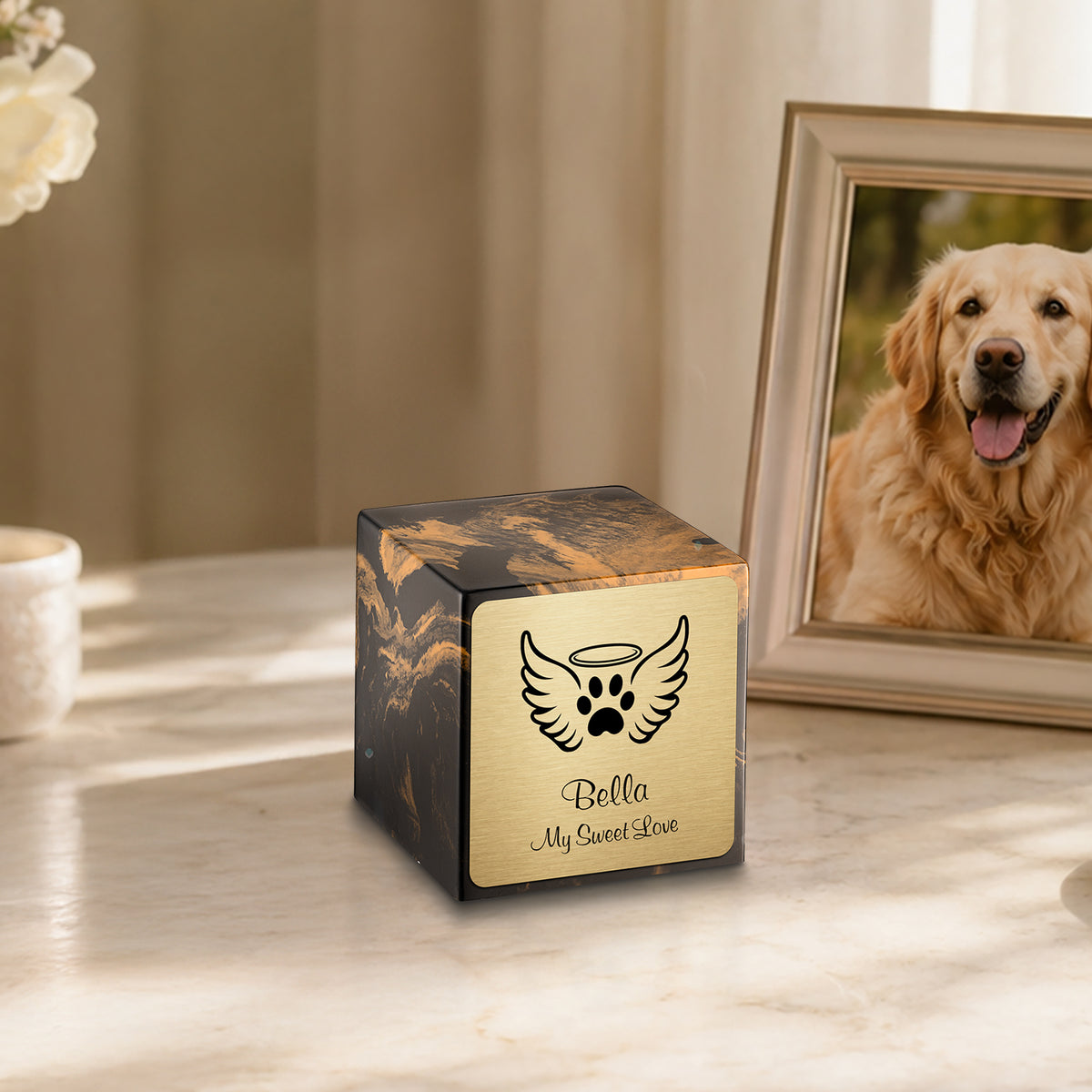 Small Cube Angel Wings Black and Gold Cultured Marble Pet Cremation Urn by MacKenzie