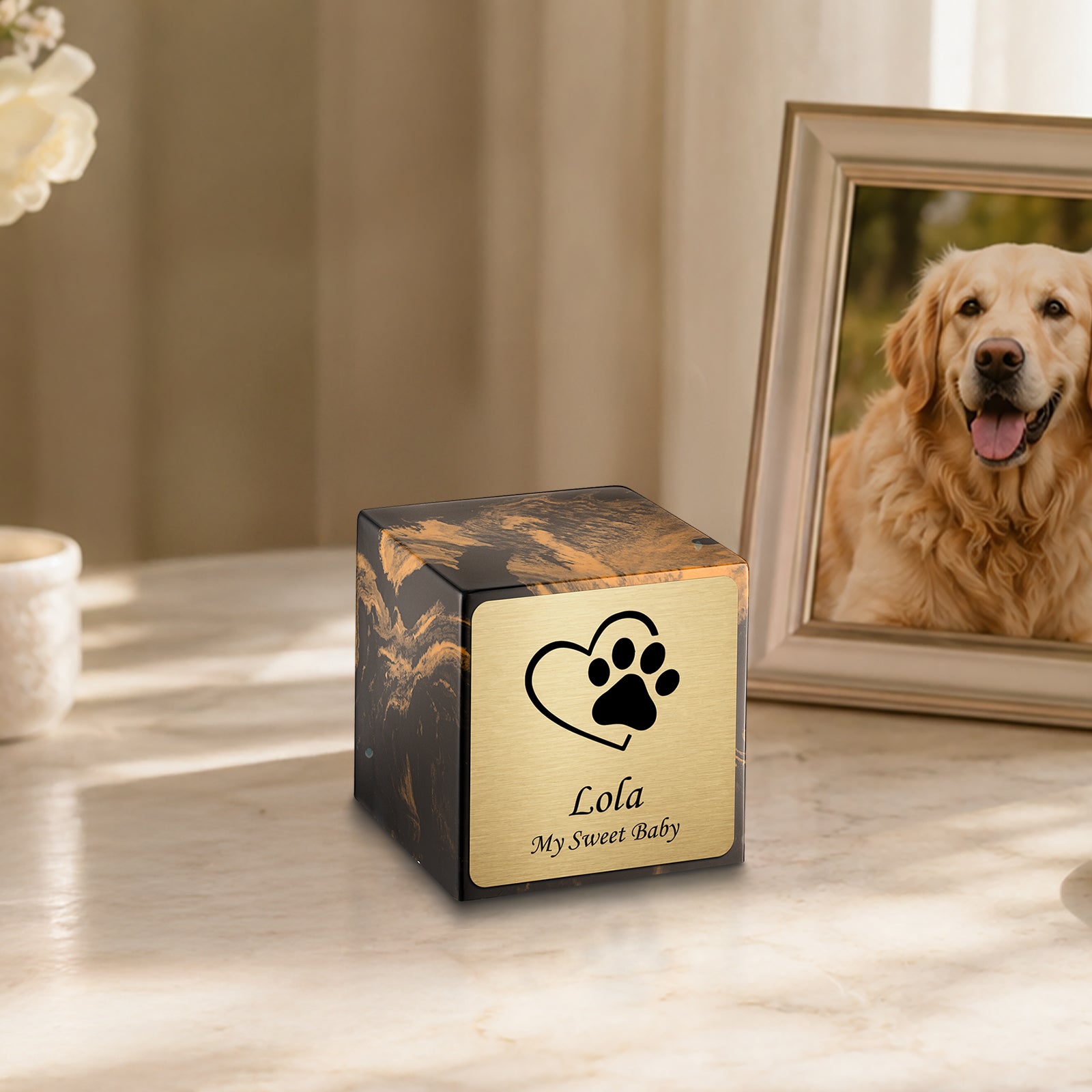 Small Cube Single Heart Paw Black and Gold Cultured Marble Pet Cremation Urn by MacKenzie