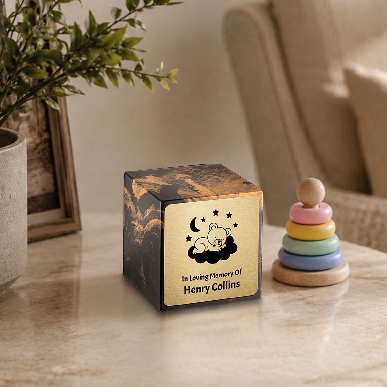 Small Cube Sleeping Teddy Black and Gold Cultured Marble Child Cremation Urn by MacKenzie