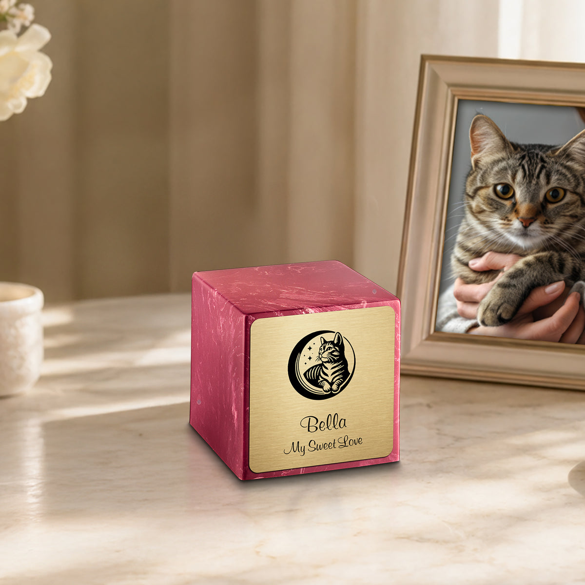 Small Cube Cat Berry Cultured Marble Pet Cremation Urn by MacKenzie