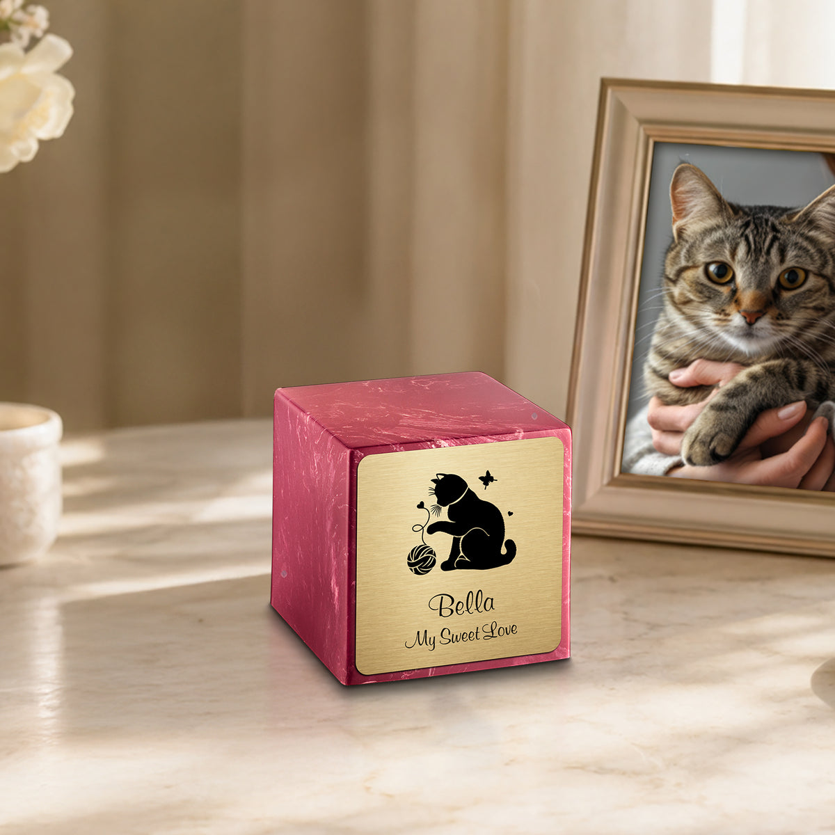 Small Cube Fun Cat Berry Cultured Marble Pet Cremation Urn by MacKenzie