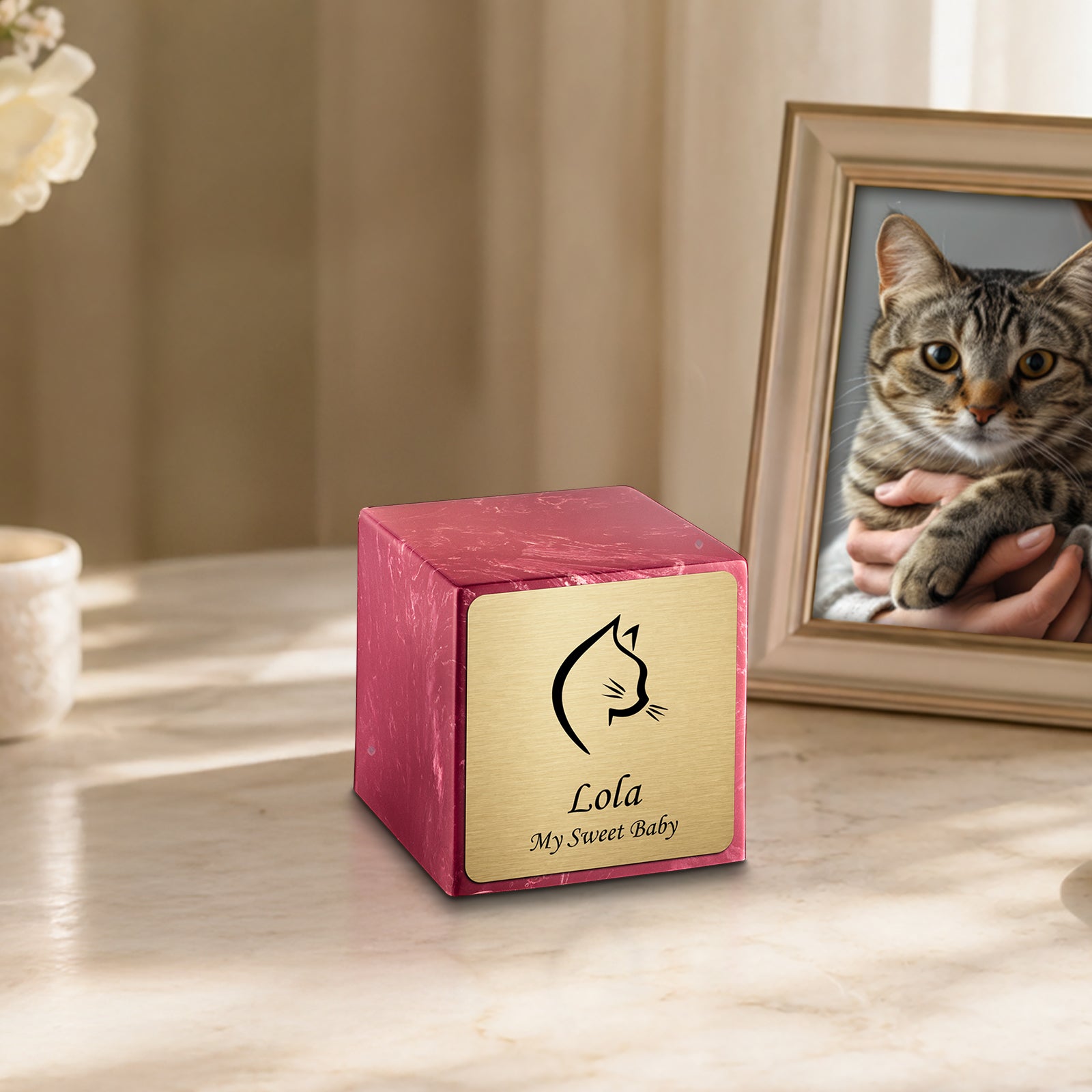 Small Cube Cat Head Berry Cultured Marble Pet Cremation Urn by MacKenzie