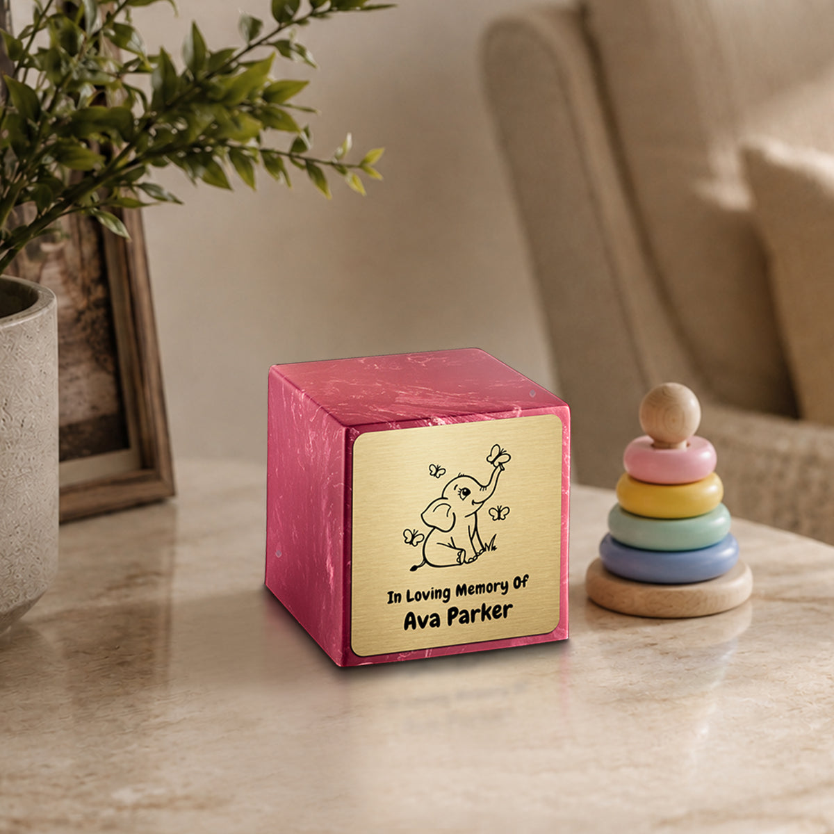 Small Cube Baby Elephant Berry Cultured Marble Child Cremation Urn by MacKenzie