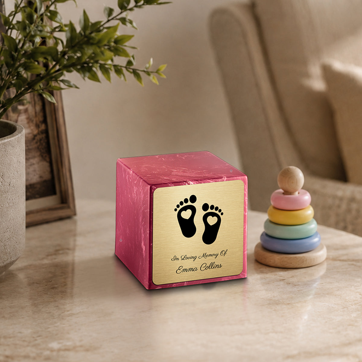 Small Cube Loving Heart Feet Berry Cultured Marble Child Cremation Urn by MacKenzie