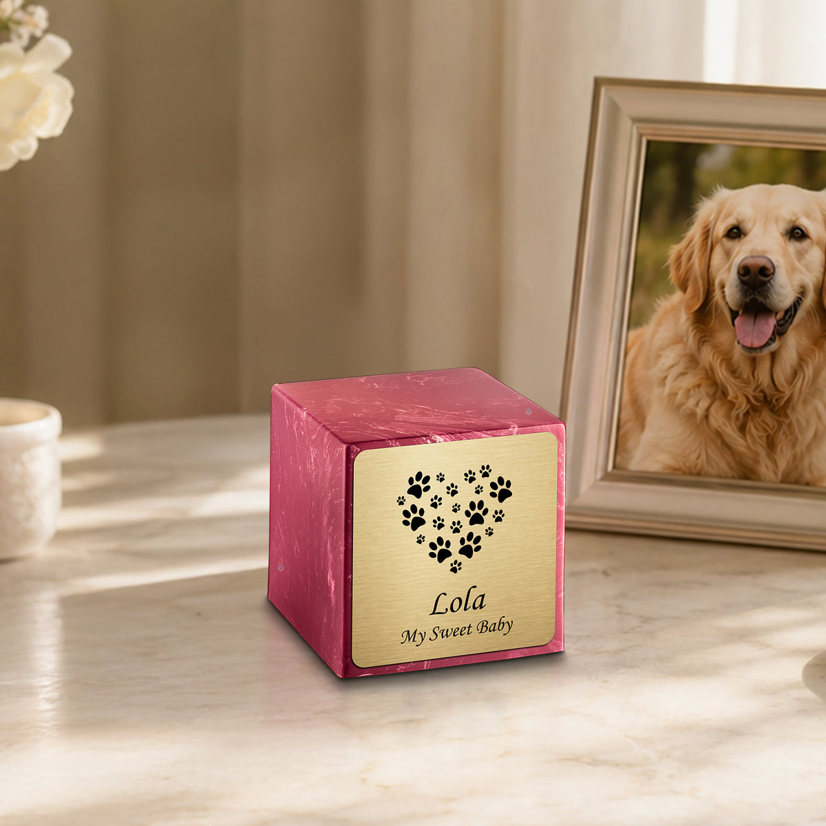 Small Cube Heart Paw Berry Cultured Marble Pet Cremation Urn by MacKenzie