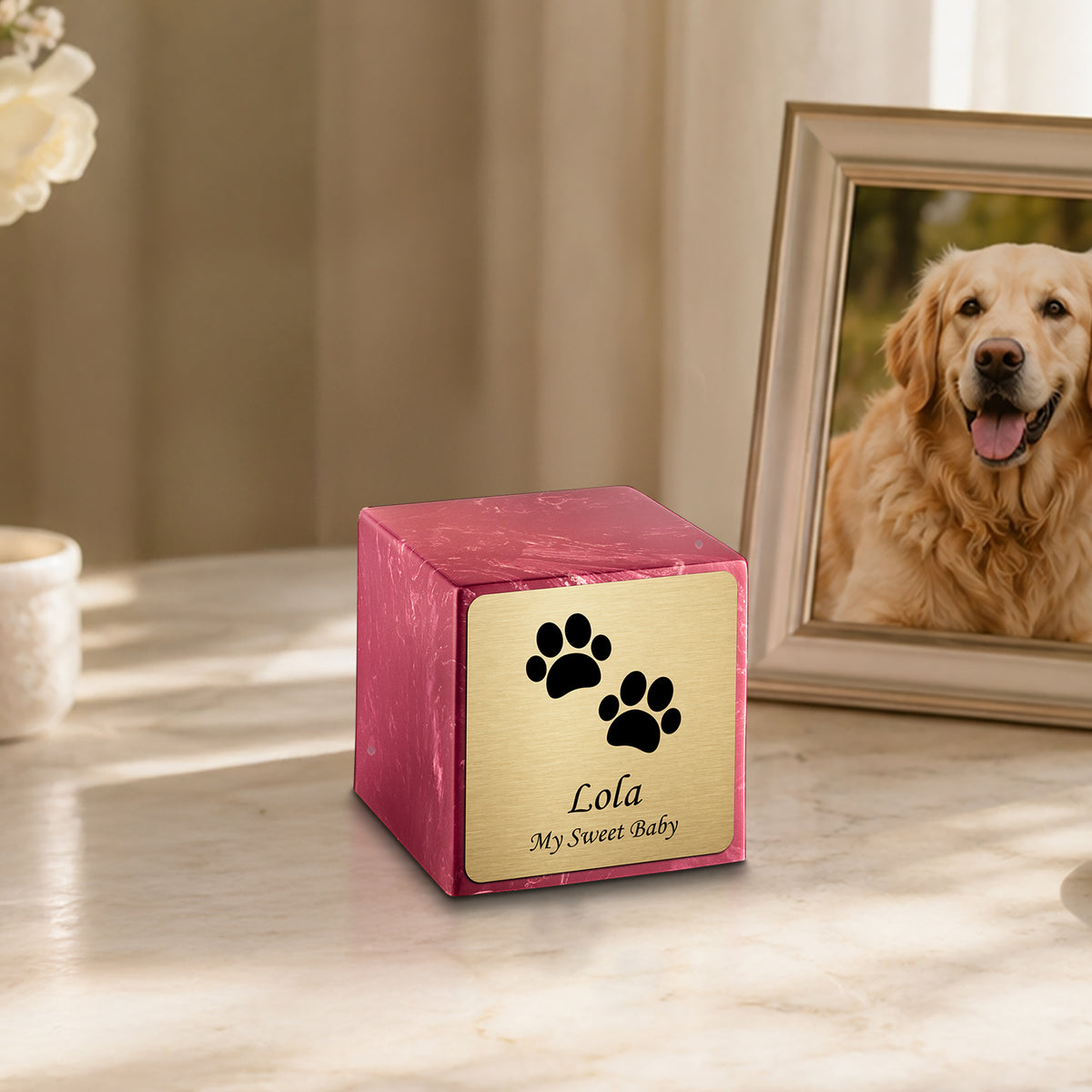 Small Cube Walking Paws Berry Cultured Marble Pet Cremation Urn by MacKenzie
