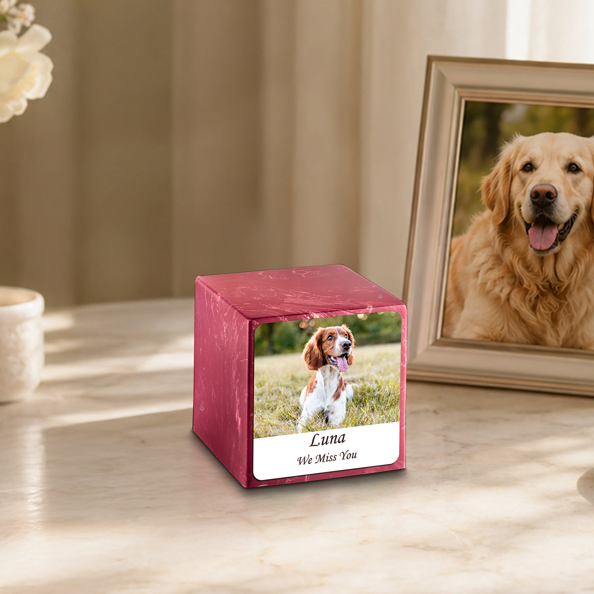 Small Cube Custom Pet Photo Berry Cultured Marble Pet Cremation Urn by MacKenzie