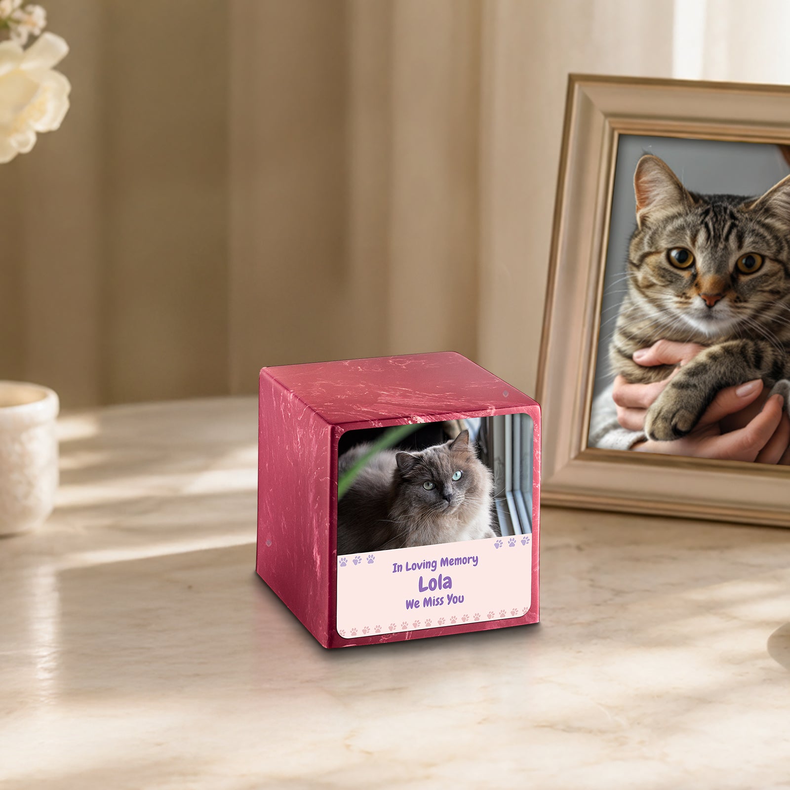 Small Cube Pet Photo Memorial Berry Cultured Marble Pet Cremation Urn by MacKenzie