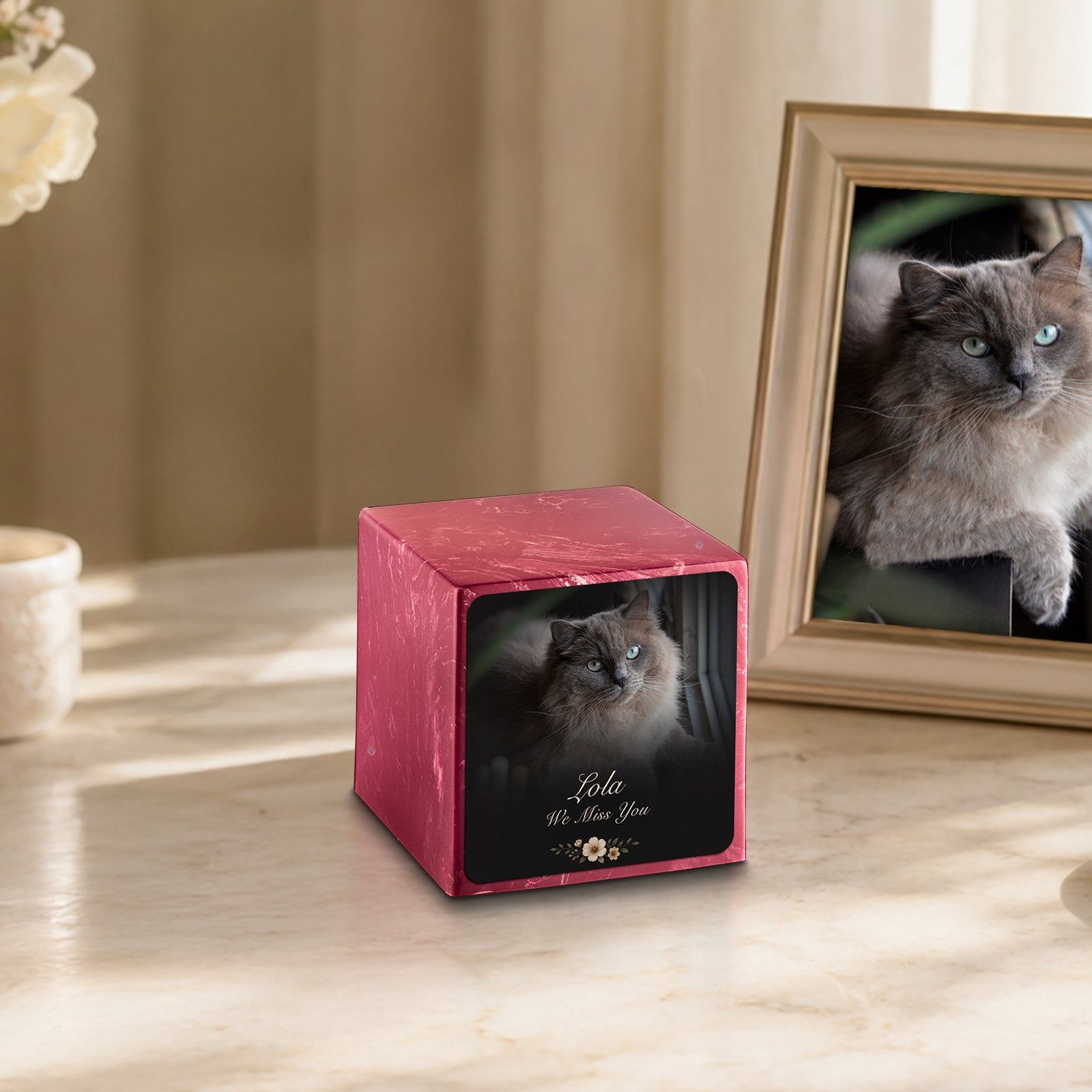 Small Cube Pet Portrait Photo Berry Cultured Marble Pet Cremation Urn by MacKenzie