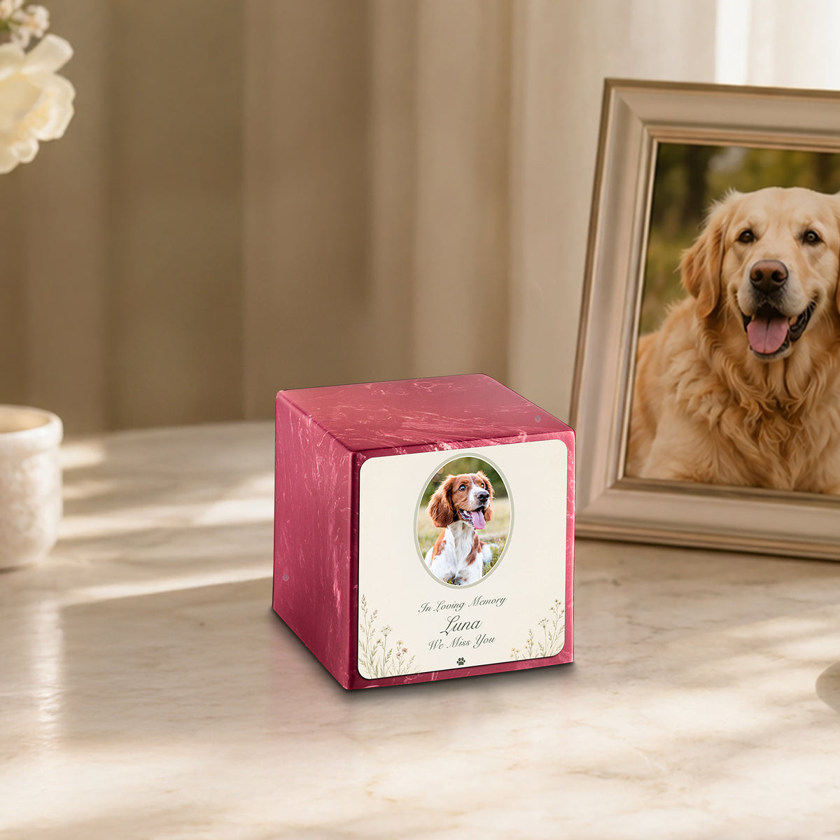 Small Cube Pet Portrait Tribute Berry Cultured Marble Pet Cremation Urn by MacKenzie