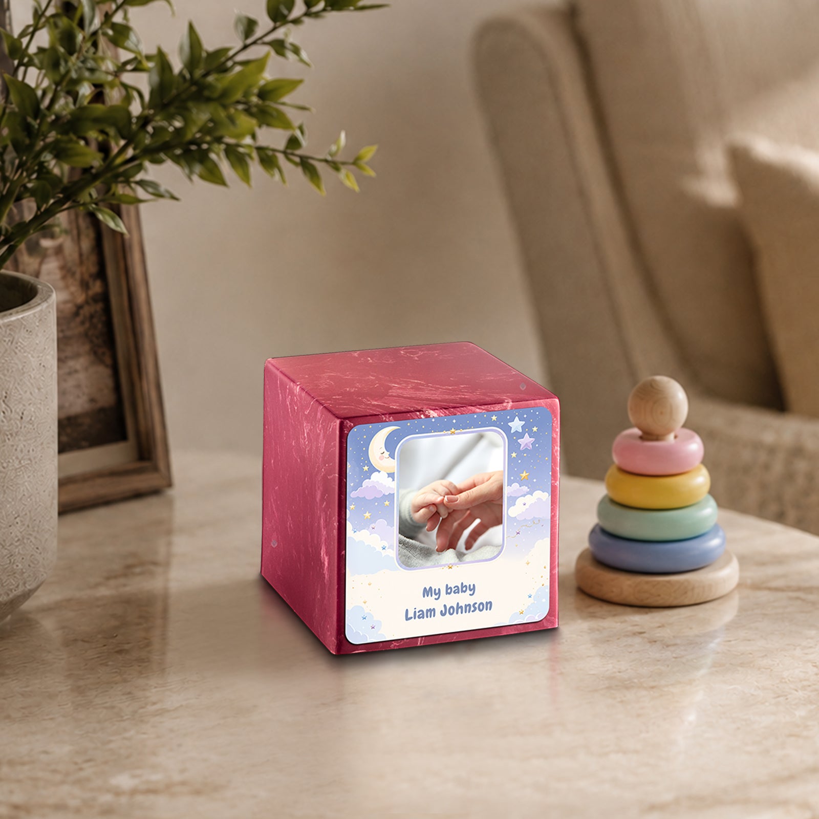 Small Cube Moon and Stars Berry Cultured Marble Child Cremation Urn by MacKenzie