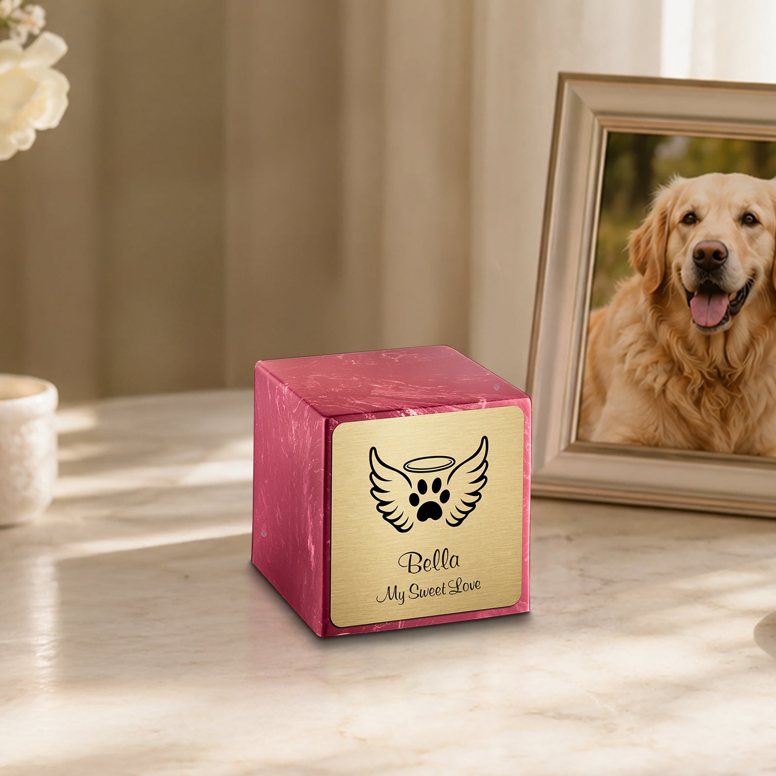 Small Cube Angel Wings Berry Cultured Marble Pet Cremation Urn by MacKenzie