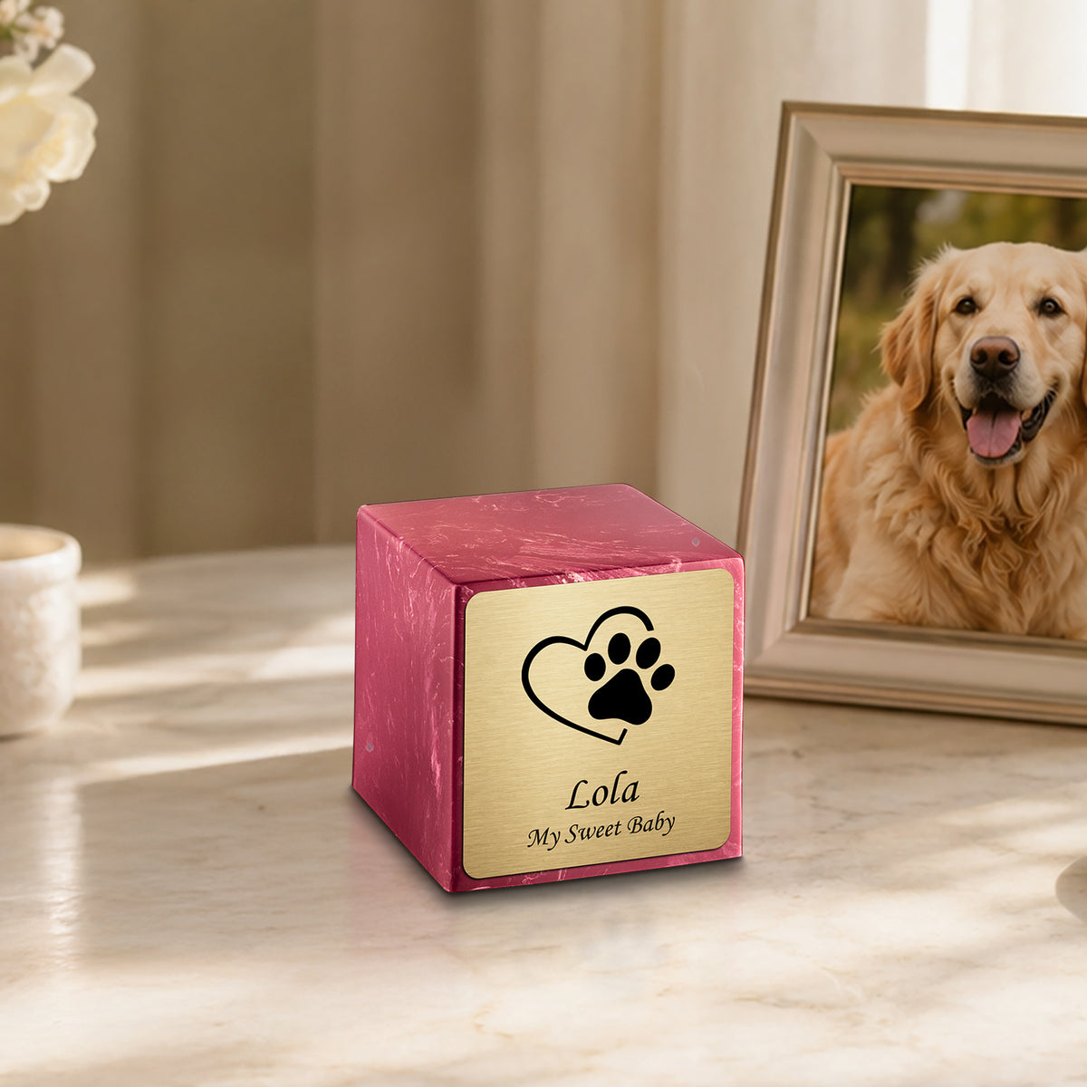 Small Cube Single Heart Paw Berry Cultured Marble Pet Cremation Urn by MacKenzie