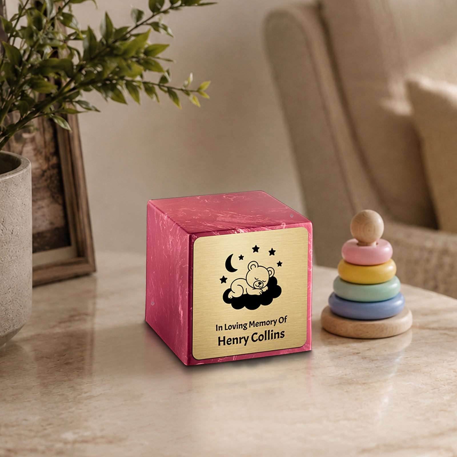 Small Cube Sleeping Teddy Berry Cultured Marble Child Cremation Urn by MacKenzie