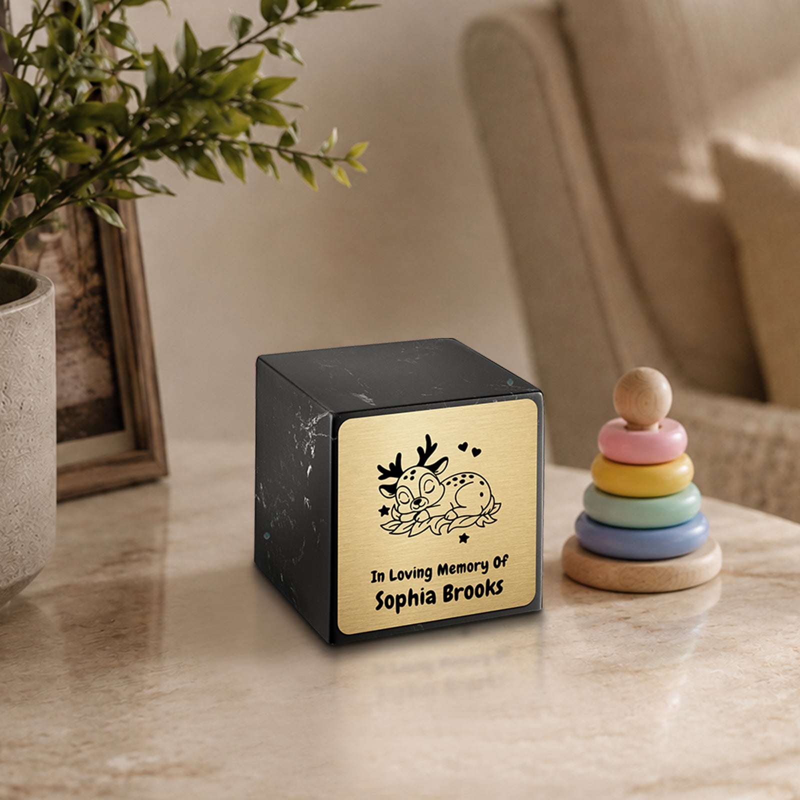 Small Cube Baby Deer Black and White Cultured Marble Child Cremation Urn by MacKenzie