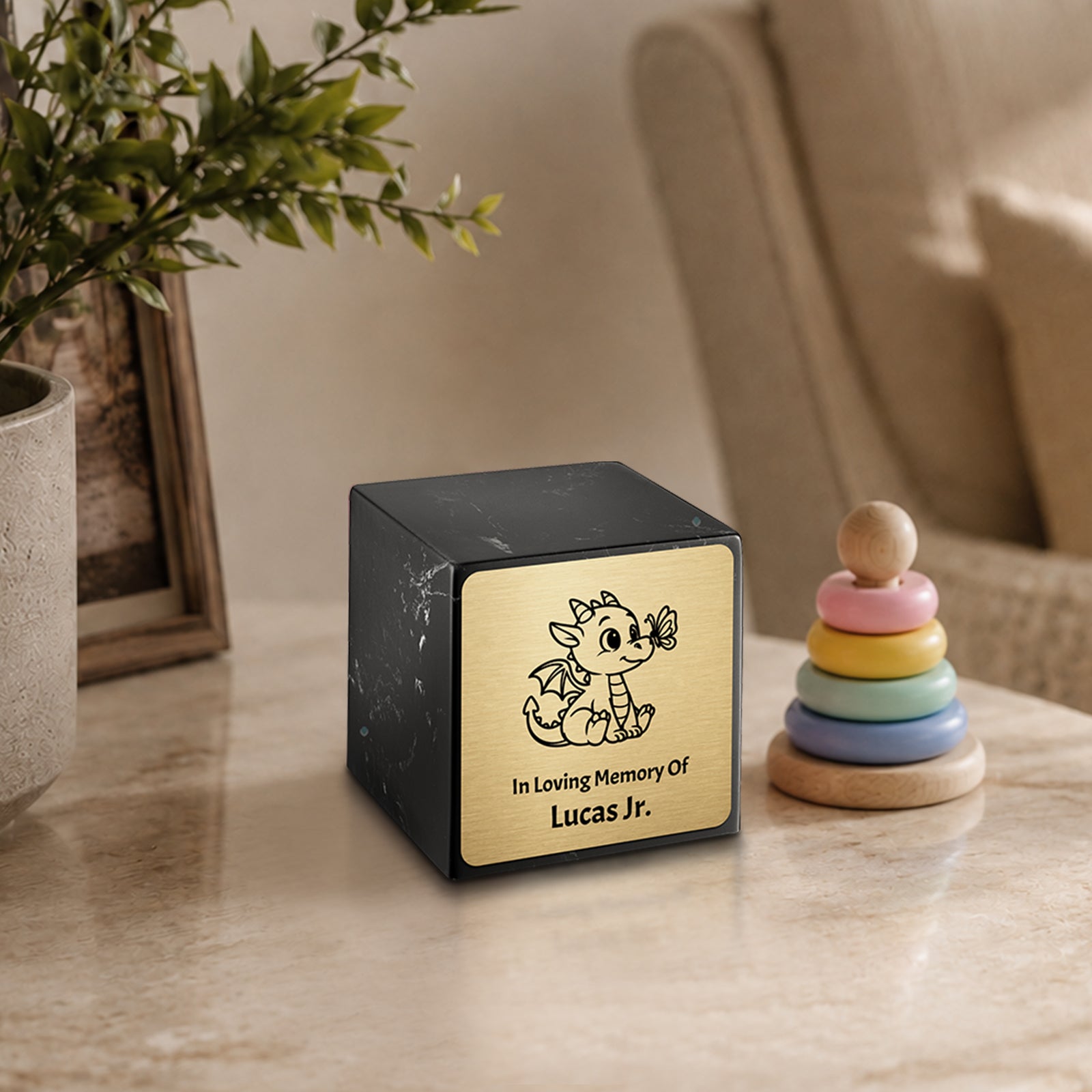 Small Cube Baby Dragon Black and White Cultured Marble Child Cremation Urn by MacKenzie