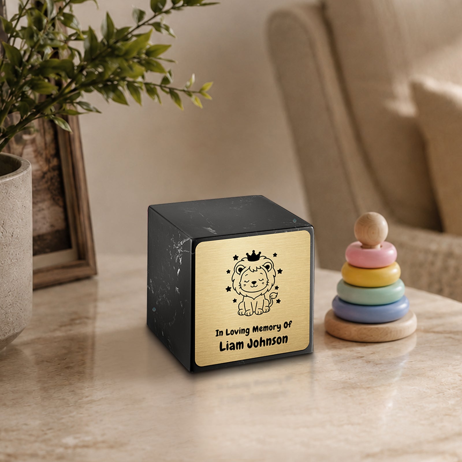 Small Cube Baby Lion Black and White Cultured Marble Child Cremation Urn by MacKenzie