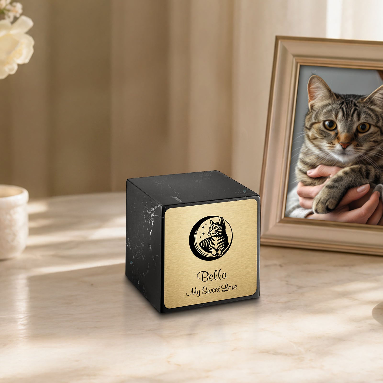Small Cube Cat Black and White Cultured Marble Pet Cremation Urn by MacKenzie