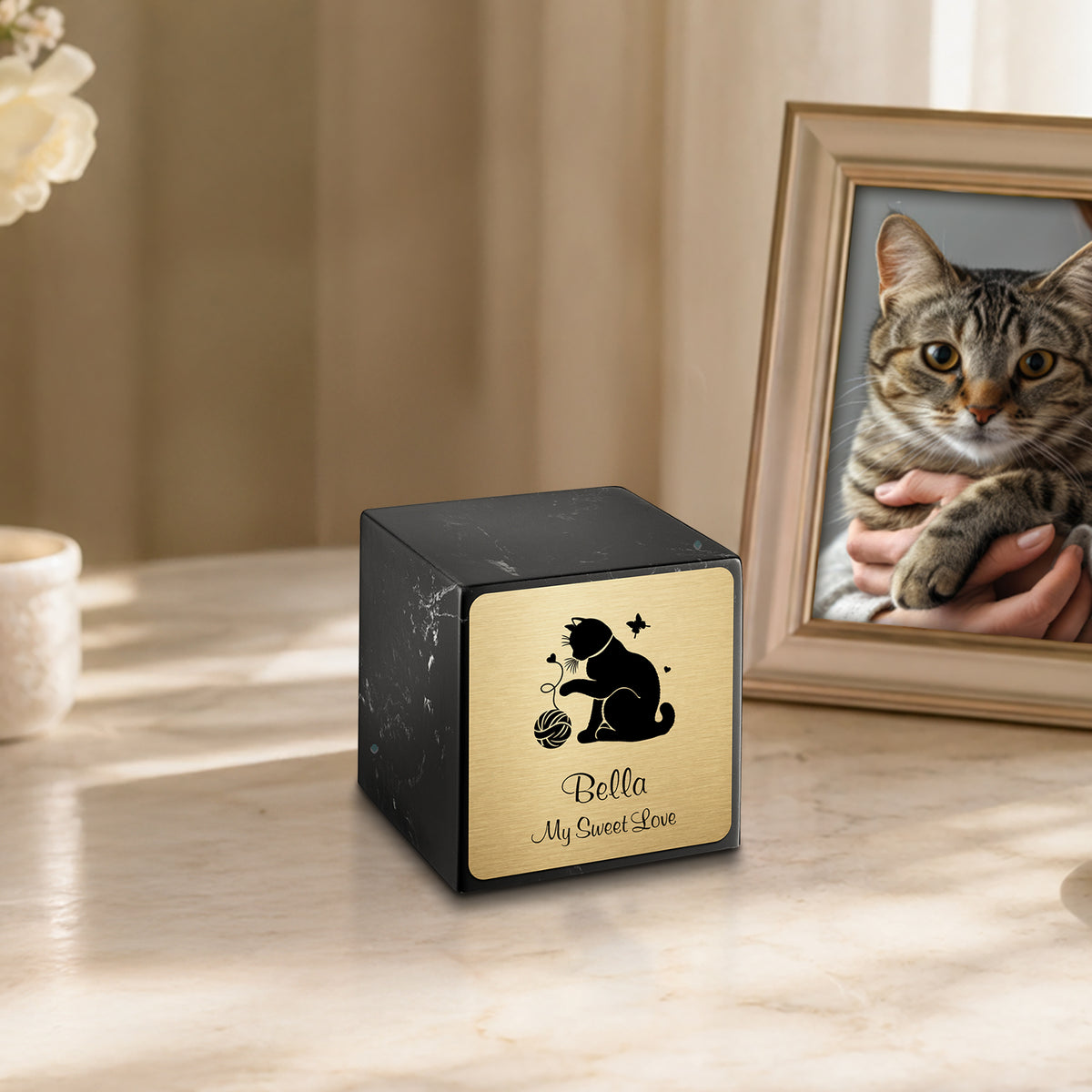Small Cube Fun Cat Black and White Cultured Marble Pet Cremation Urn by MacKenzie