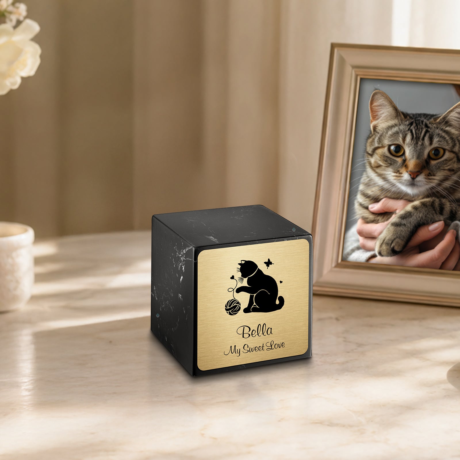 Small Cube Fun Cat Black and White Cultured Marble Pet Cremation Urn by MacKenzie