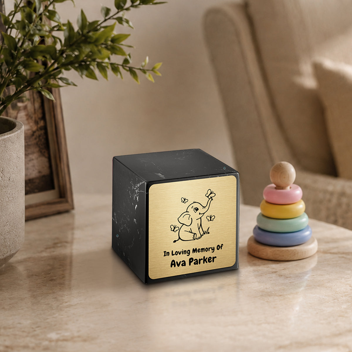 Small Cube Baby Elephant Black and White Cultured Marble Child Cremation Urn by MacKenzie