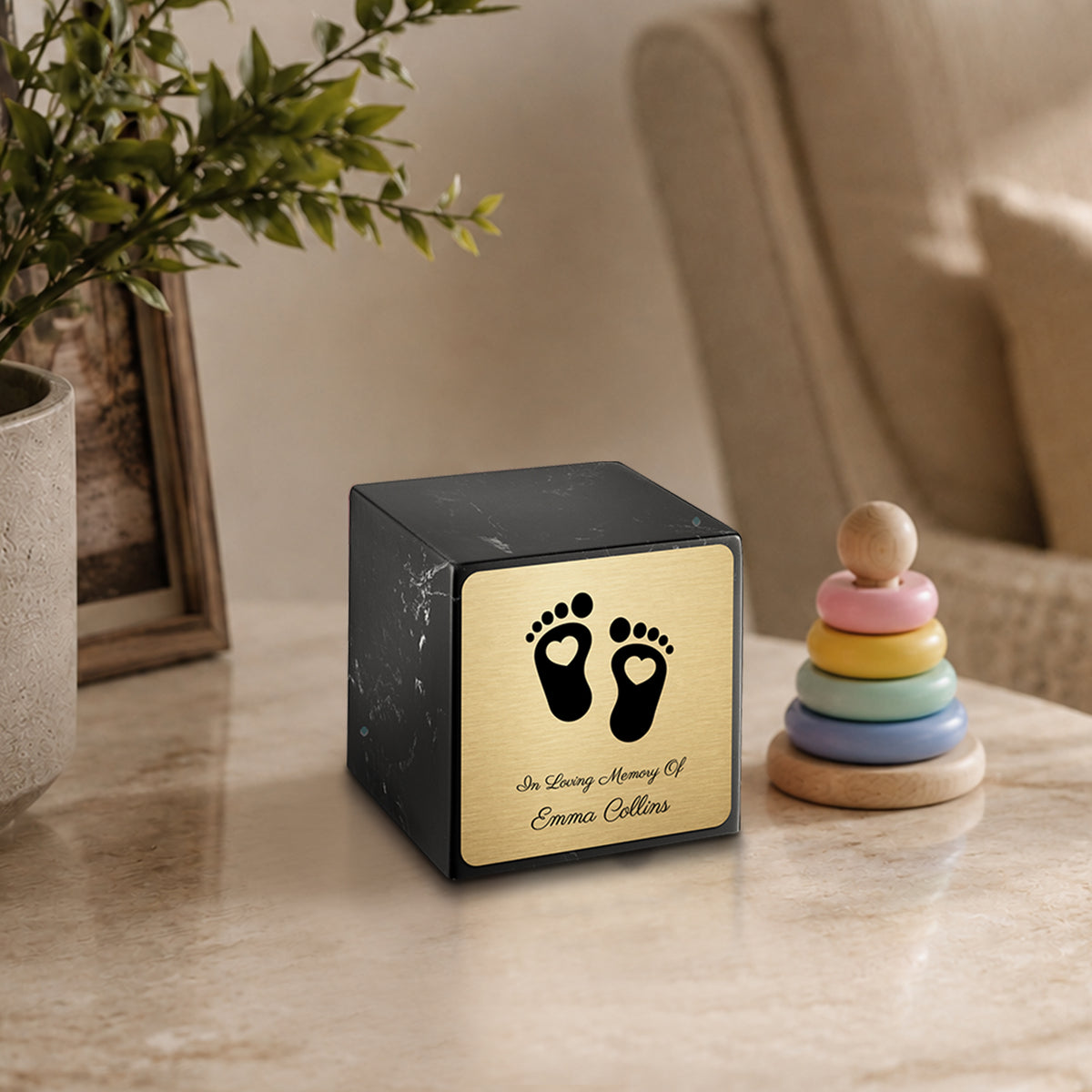 Small Cube Loving Heart Feet Black and White Cultured Marble Child Cremation Urn by MacKenzie