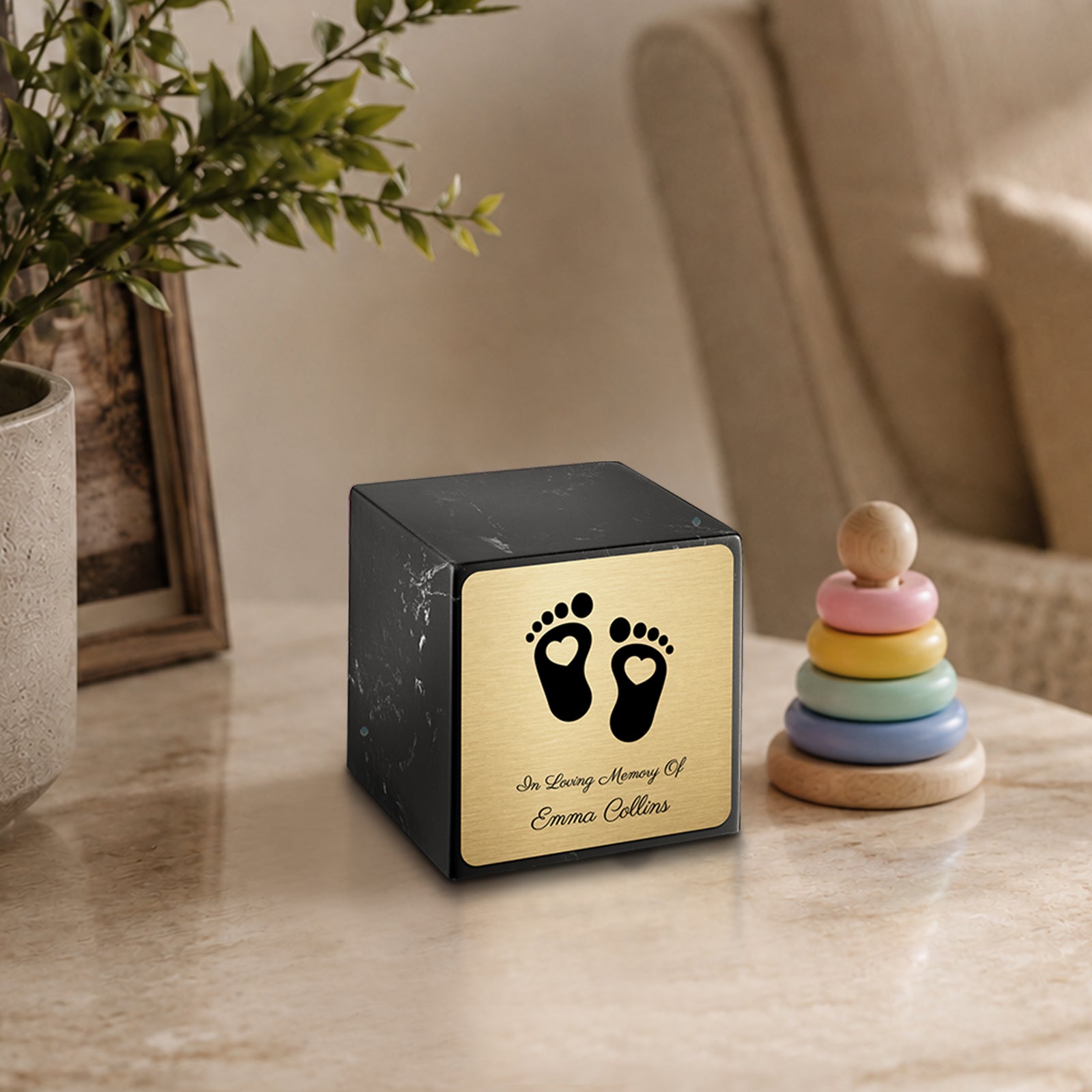 Small Cube Loving Heart Feet Black and White Cultured Marble Child Cremation Urn by MacKenzie