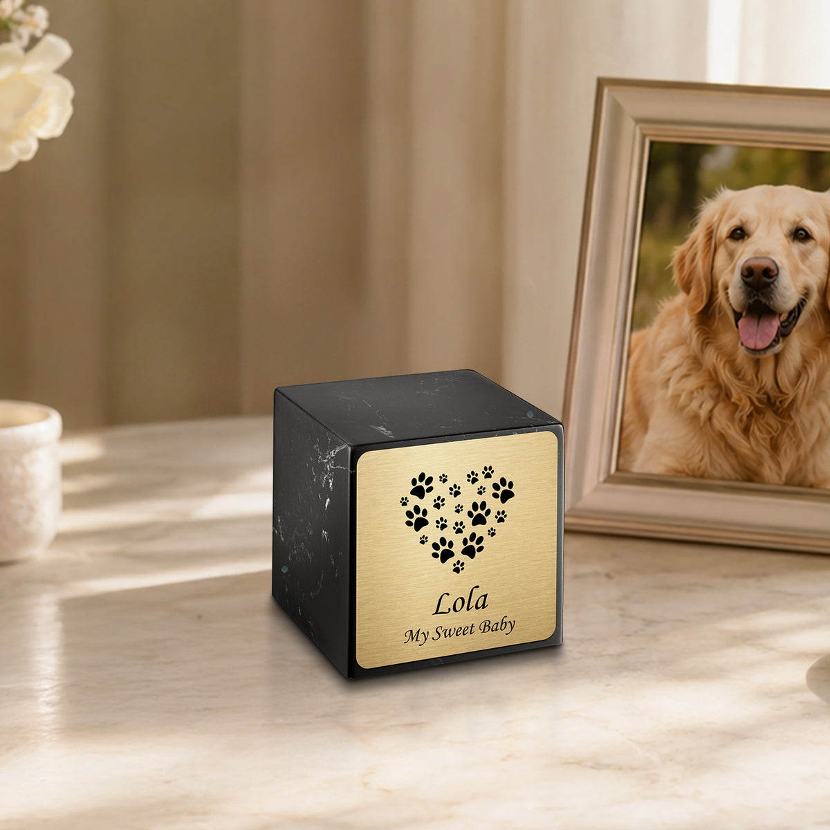 Small Cube Heart Paw Black and White Cultured Marble Pet Cremation Urn by MacKenzie