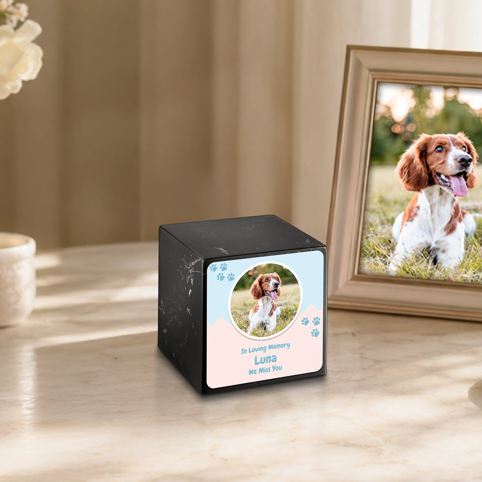 Small Cube Pet Portrait Black & White Cultured Marble Pet Cremation Urn by MacKenzie