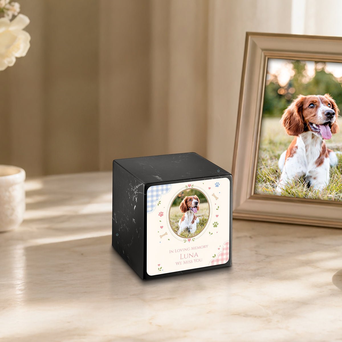 Small Cube Custom Pet Memorial Black & White Cultured Marble Pet Cremation Urn by MacKenzie